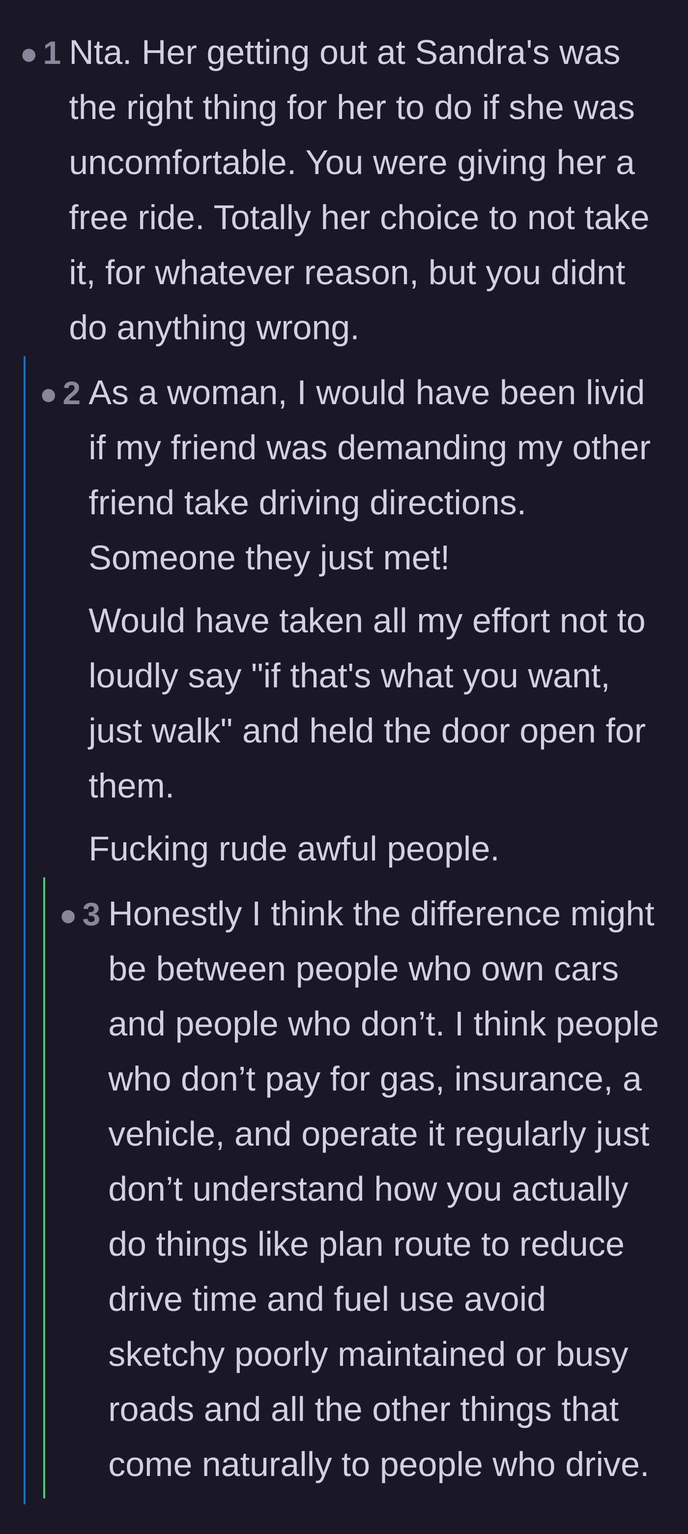 Comment thread 5 - A debate about the massive disconnect between people who own and maintain cars versus passengers who treat friends like a free taxi service.
