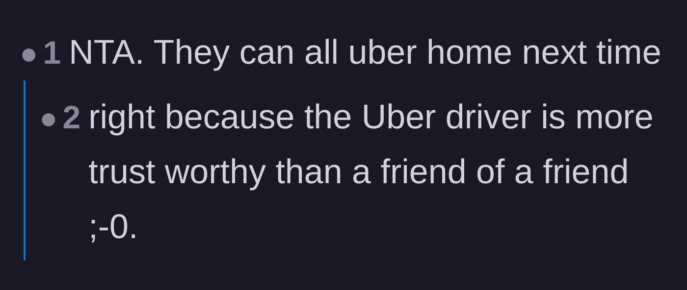 Comment thread 6 - A short thread concluding that the entire friend group should be left to rely on rideshare apps for their future outings.