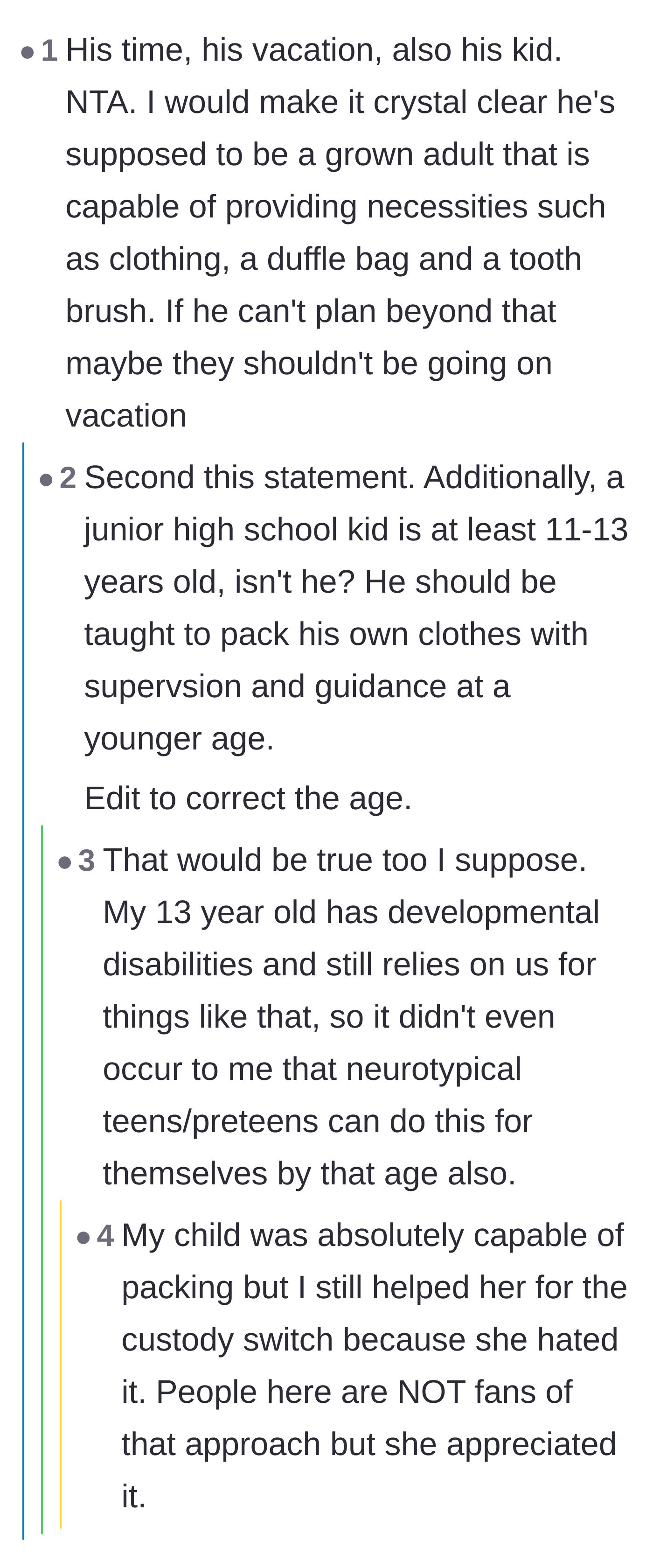 Comment thread 3 - Debate focusing on the father's responsibility during his vacation time and parents sharing stories of helping their kids pack