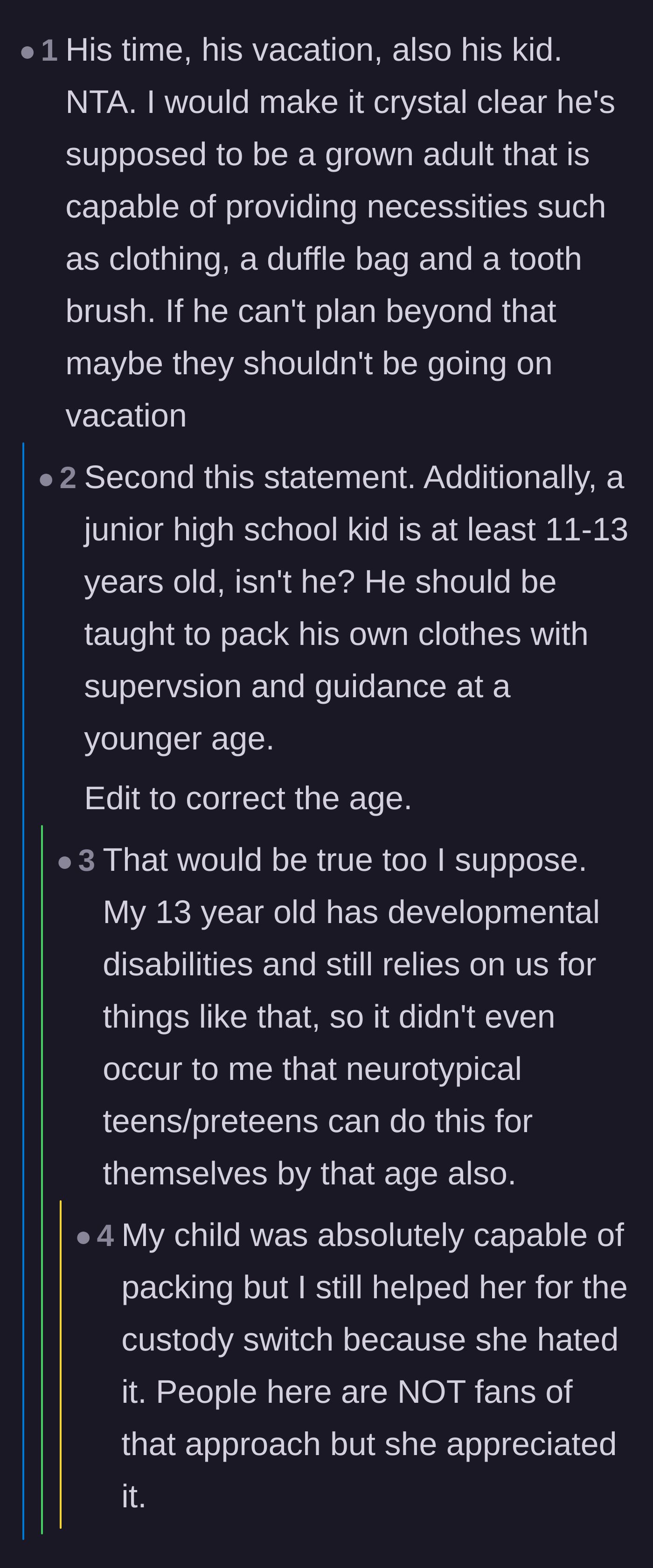 Comment thread 3 - Debate focusing on the father's responsibility during his vacation time and parents sharing stories of helping their kids pack