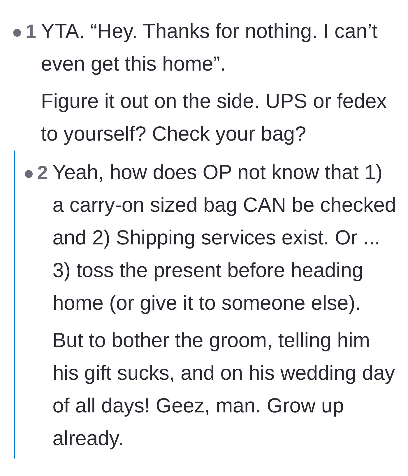 Comment thread 2 - Outrage over burdening the groom and suggestions for shipping the gift.