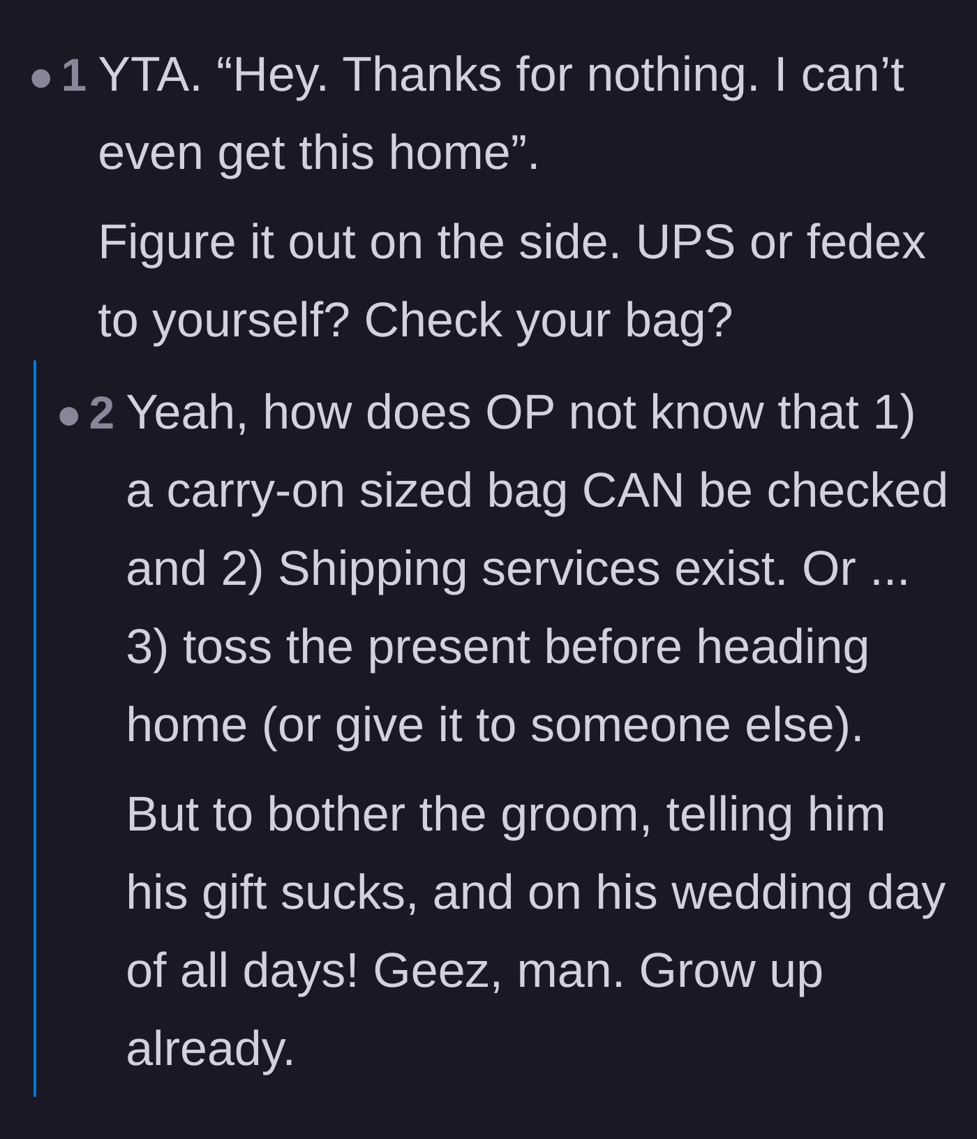 Comment thread 2 - Outrage over burdening the groom and suggestions for shipping the gift.