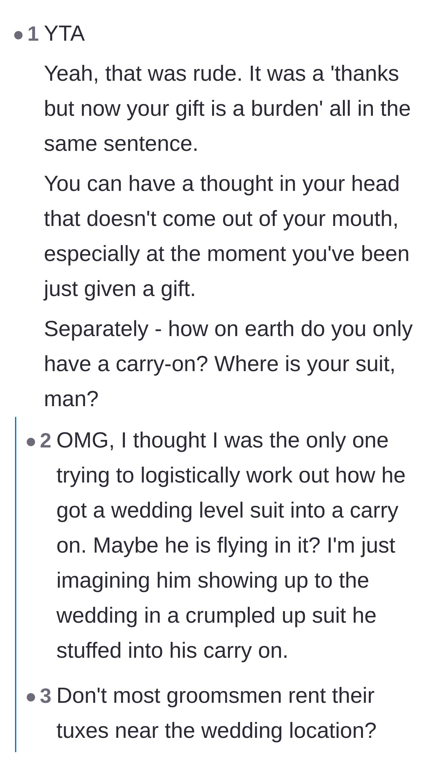 Comment thread 5 - Readers questioning how the groomsman fit a formal suit into a single carry-on bag.