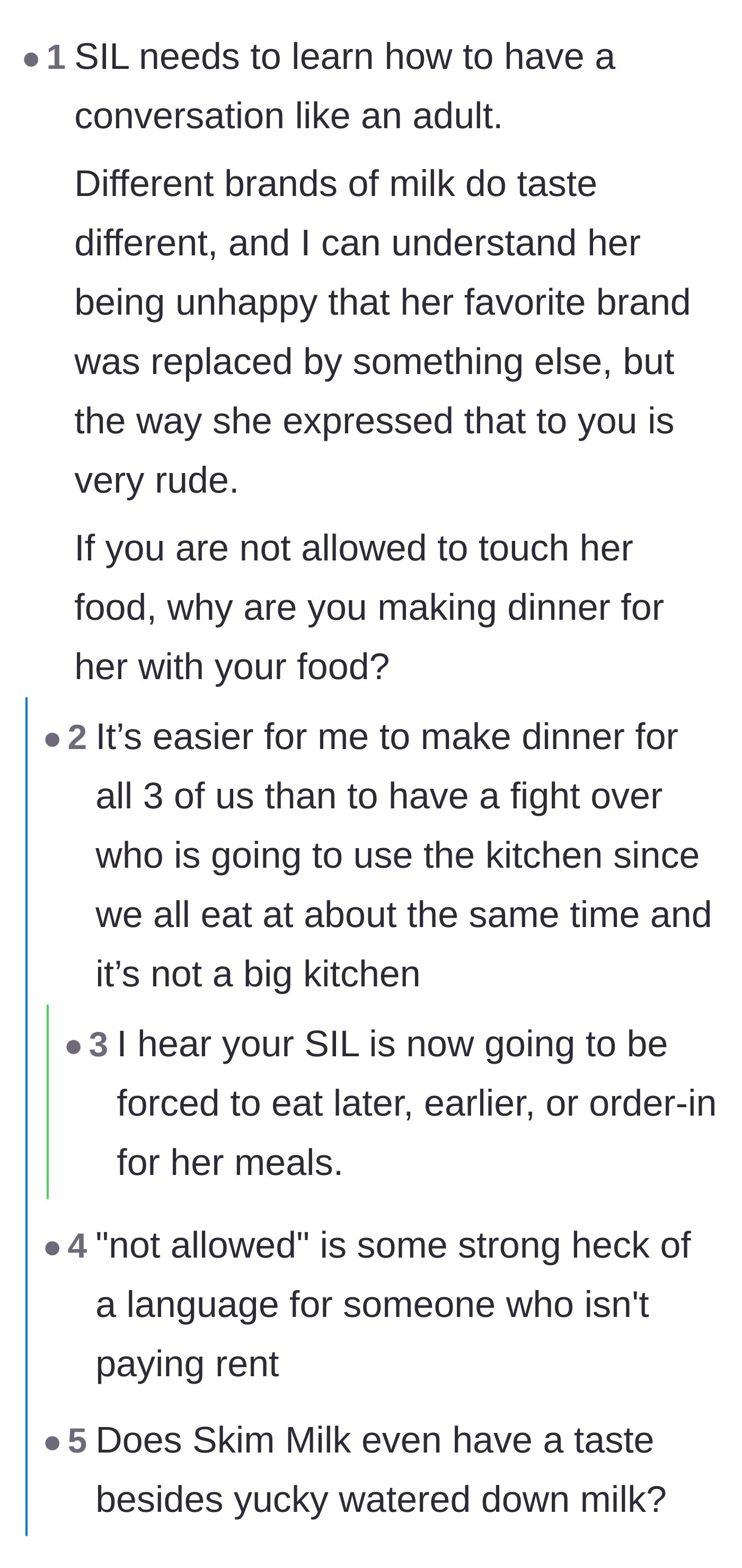Comment thread 1 - A discussion about how the sister-in-law needs to learn basic communication and shouldn't expect free cooked meals if her groceries are off-limits.