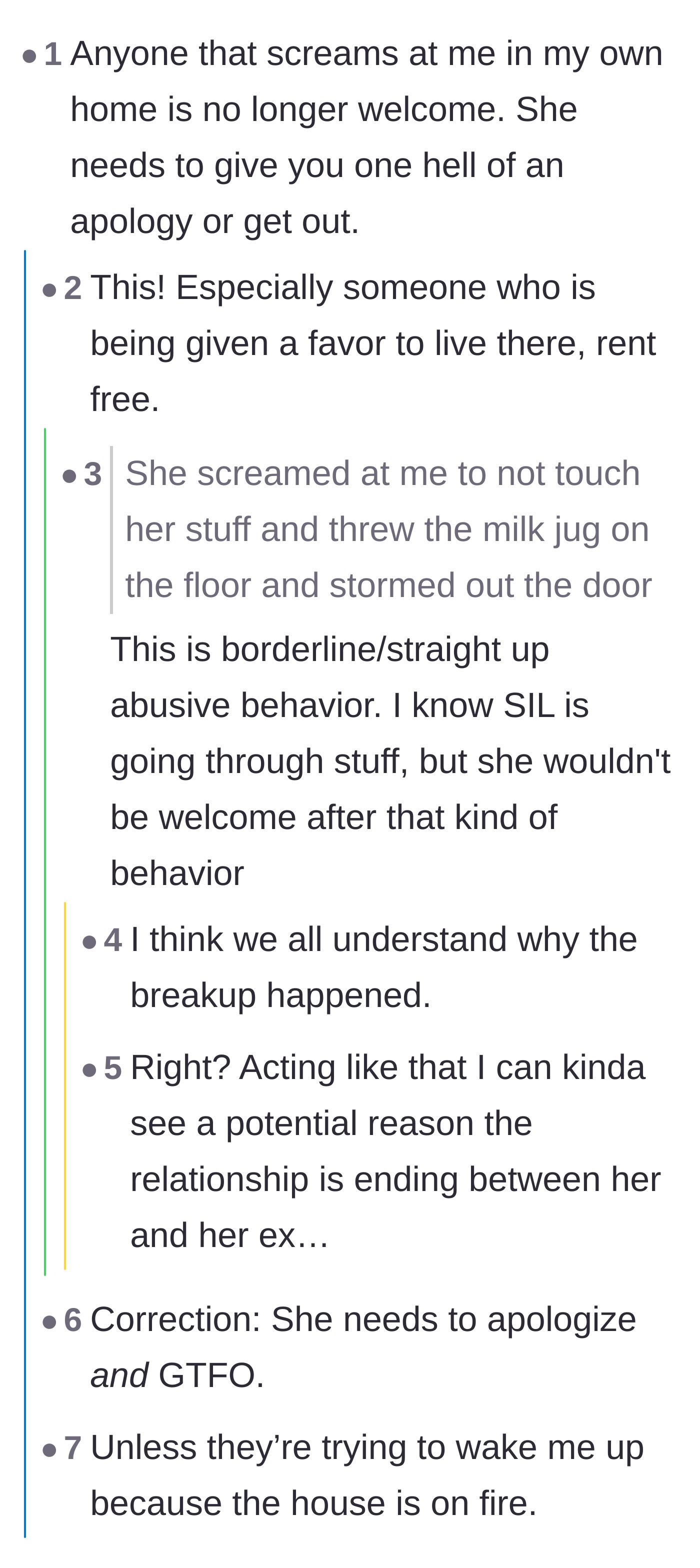 Comment thread 2 - Commenters agree that screaming at a host in their own home is an immediate eviction notice, with some guessing this behavior caused her breakup.