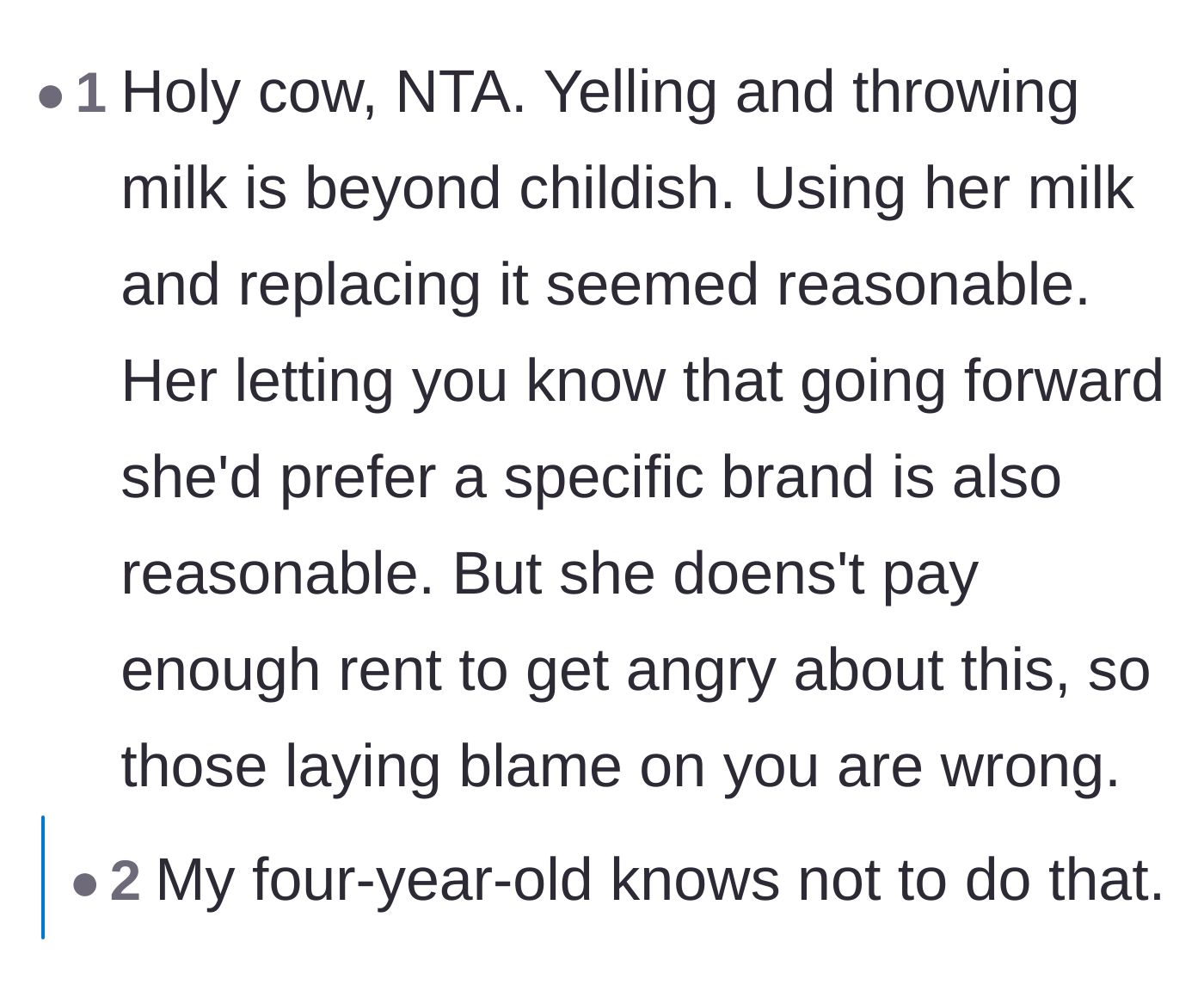 Comment thread 5 - A commenter notes that throwing milk is beyond childish, and a reply mentions even their four-year-old knows better.