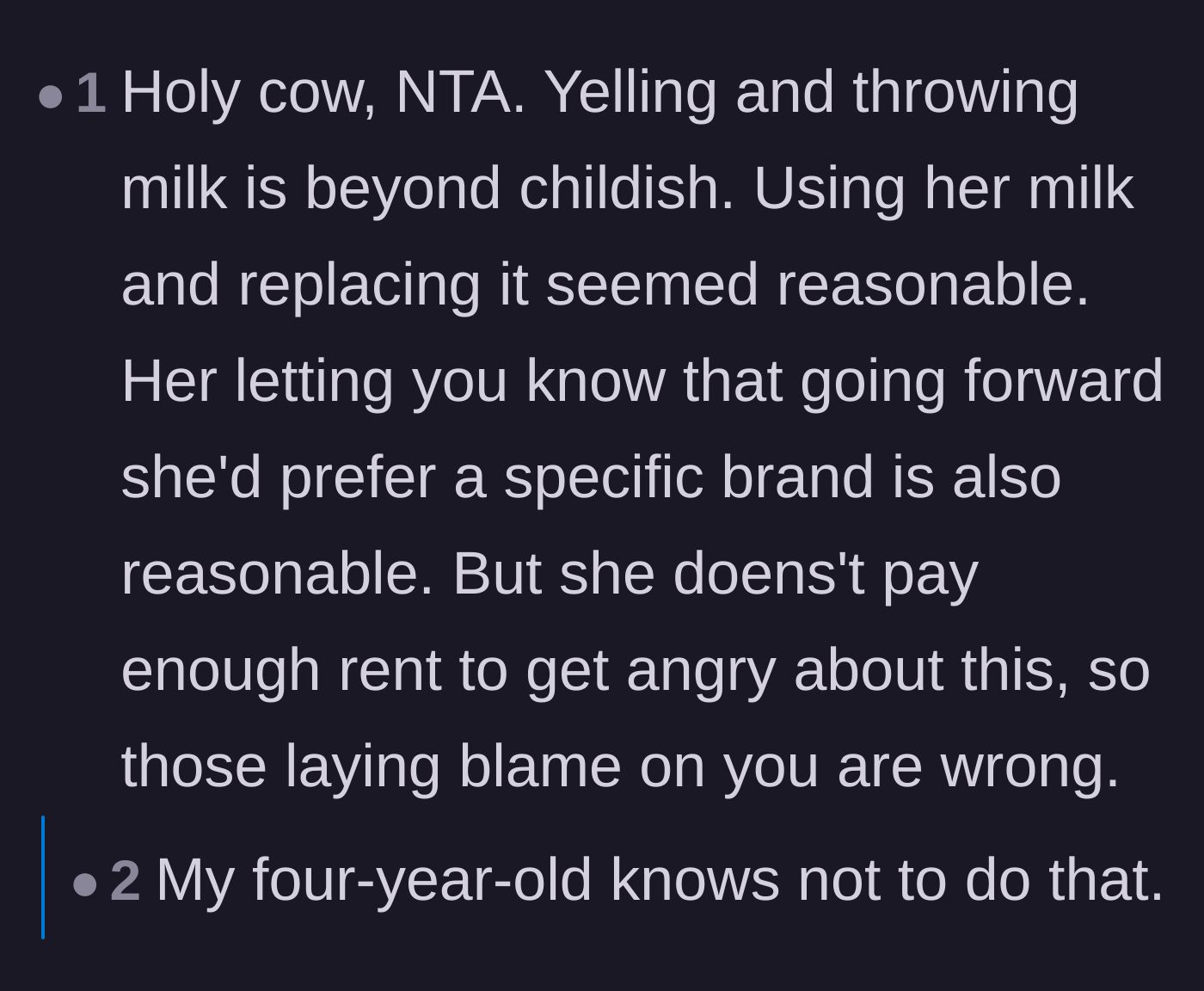Comment thread 5 - A commenter notes that throwing milk is beyond childish, and a reply mentions even their four-year-old knows better.