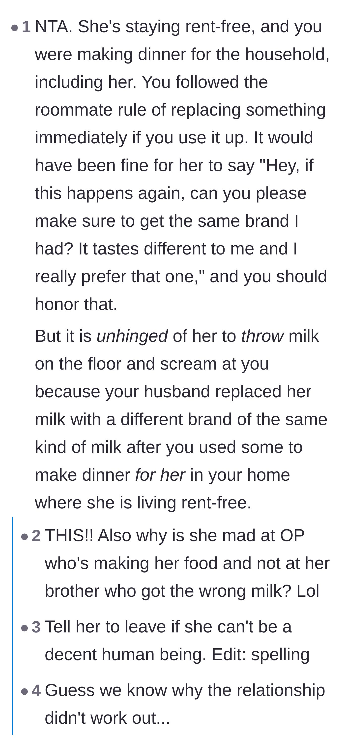 Comment thread 6 - A breakdown of basic roommate rules and a reply questioning why the sister-in-law yelled at the woman instead of her brother who bought the milk.