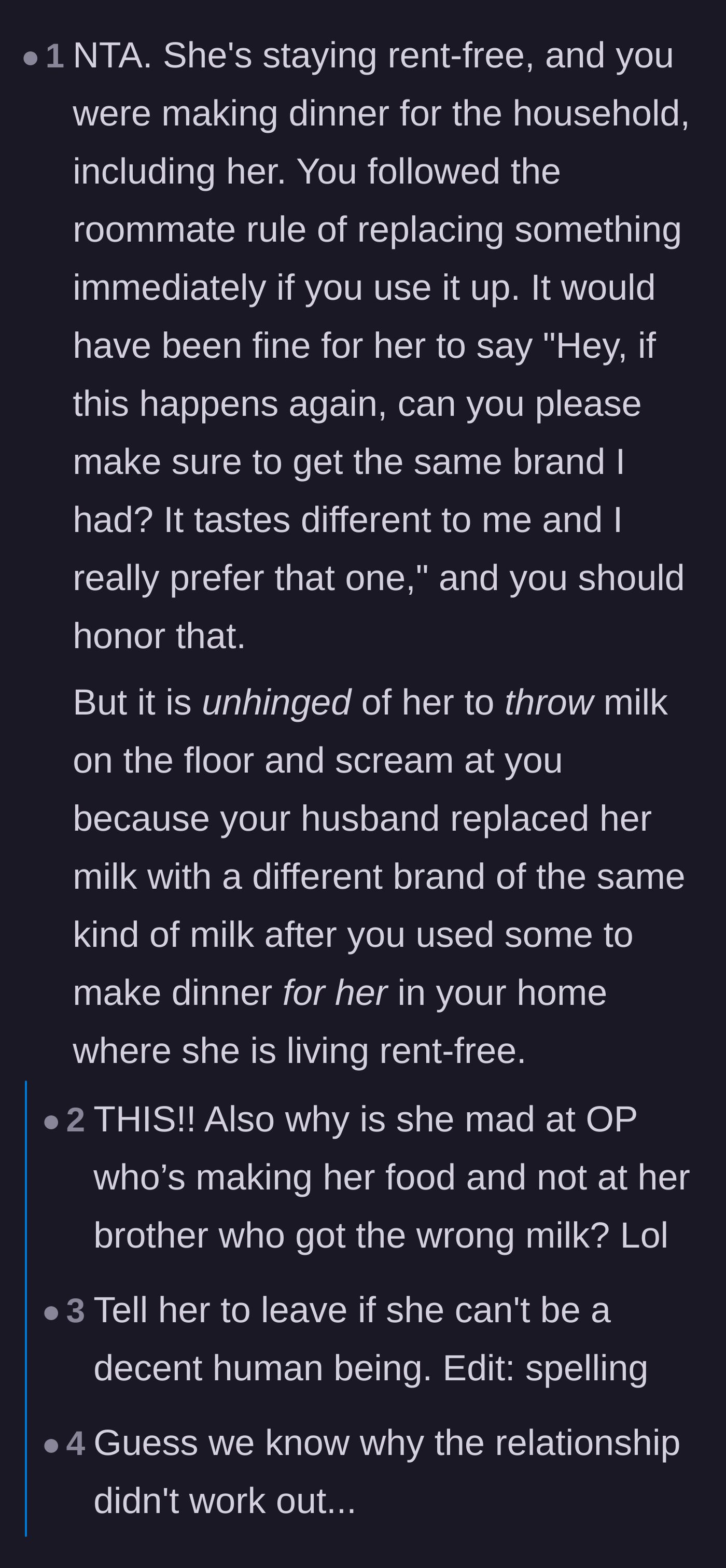 Comment thread 6 - A breakdown of basic roommate rules and a reply questioning why the sister-in-law yelled at the woman instead of her brother who bought the milk.