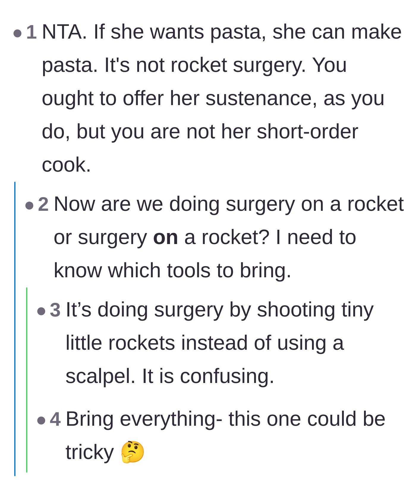 Comment thread 2 - Commenters joking about how boiling water for pasta isn't exactly an impossible science.