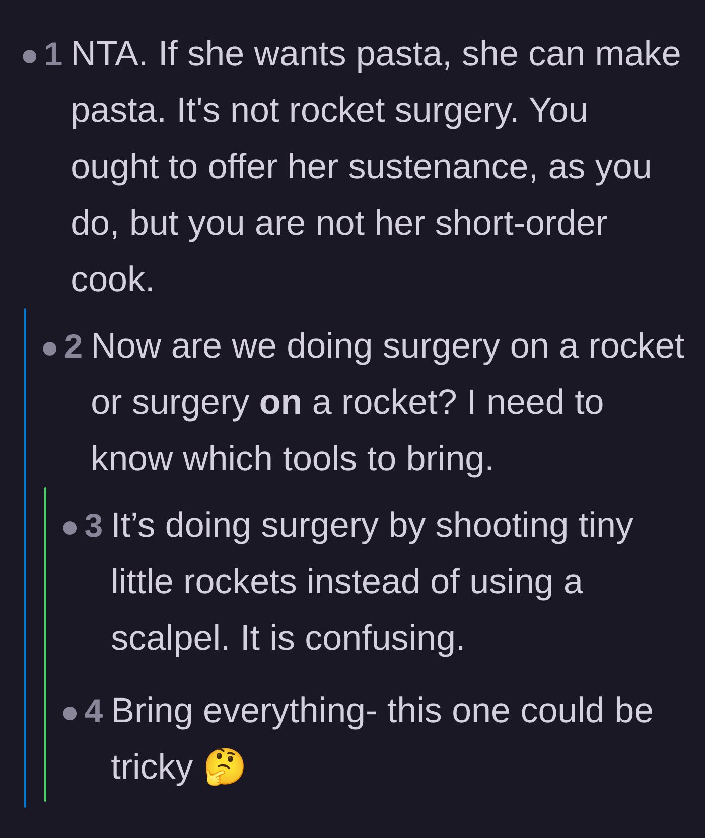 Comment thread 2 - Commenters joking about how boiling water for pasta isn't exactly an impossible science.