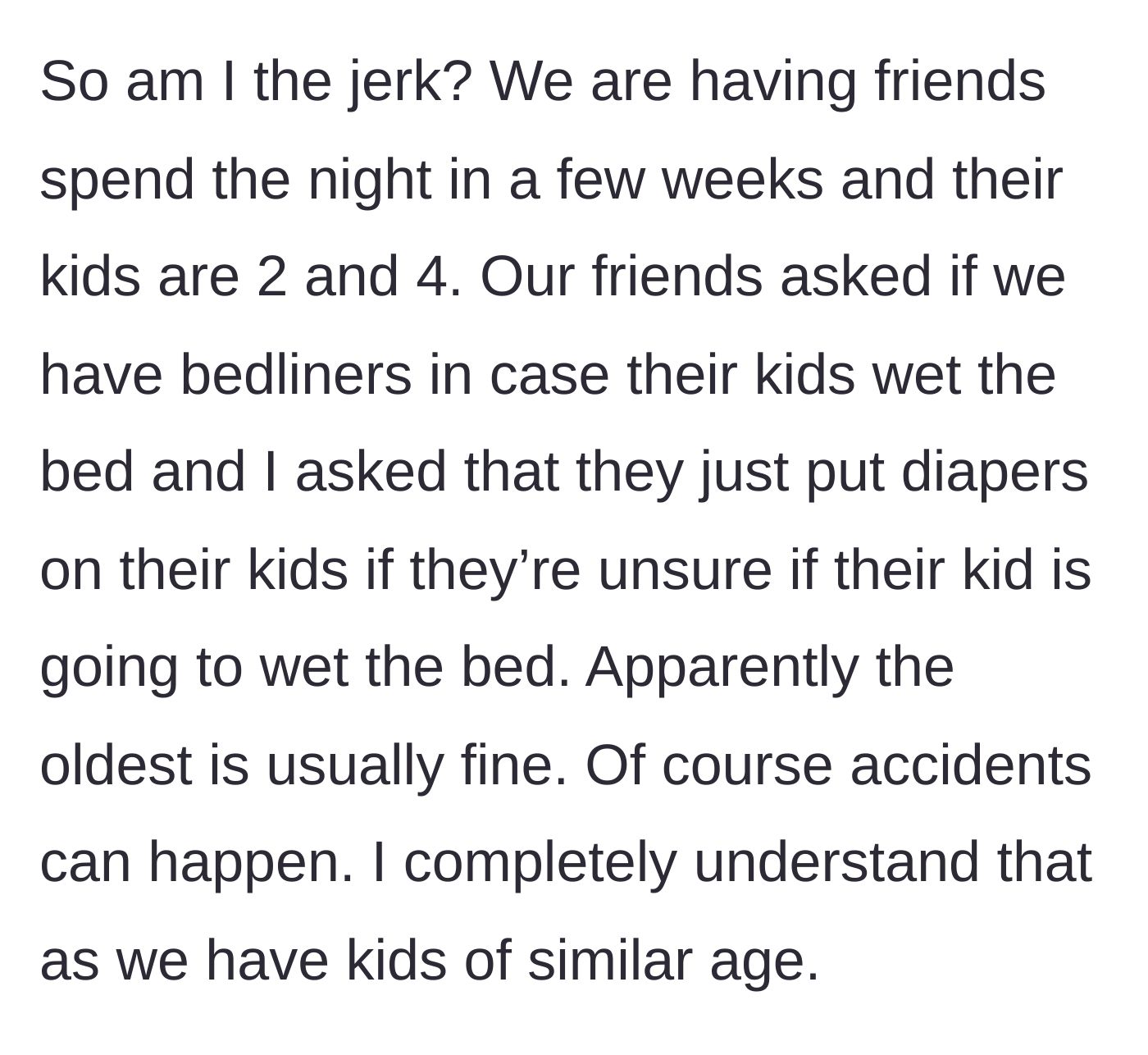 Story part 1 - A text exchange between friends discussing sleeping arrangements and bedliners for visiting children.