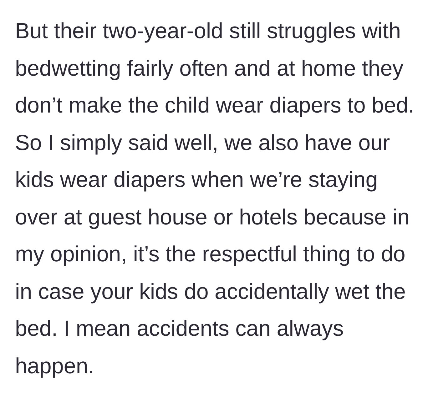 Story part 2 - A comparison of a two-year-old sleeping without a diaper at home versus wearing one at a hotel.