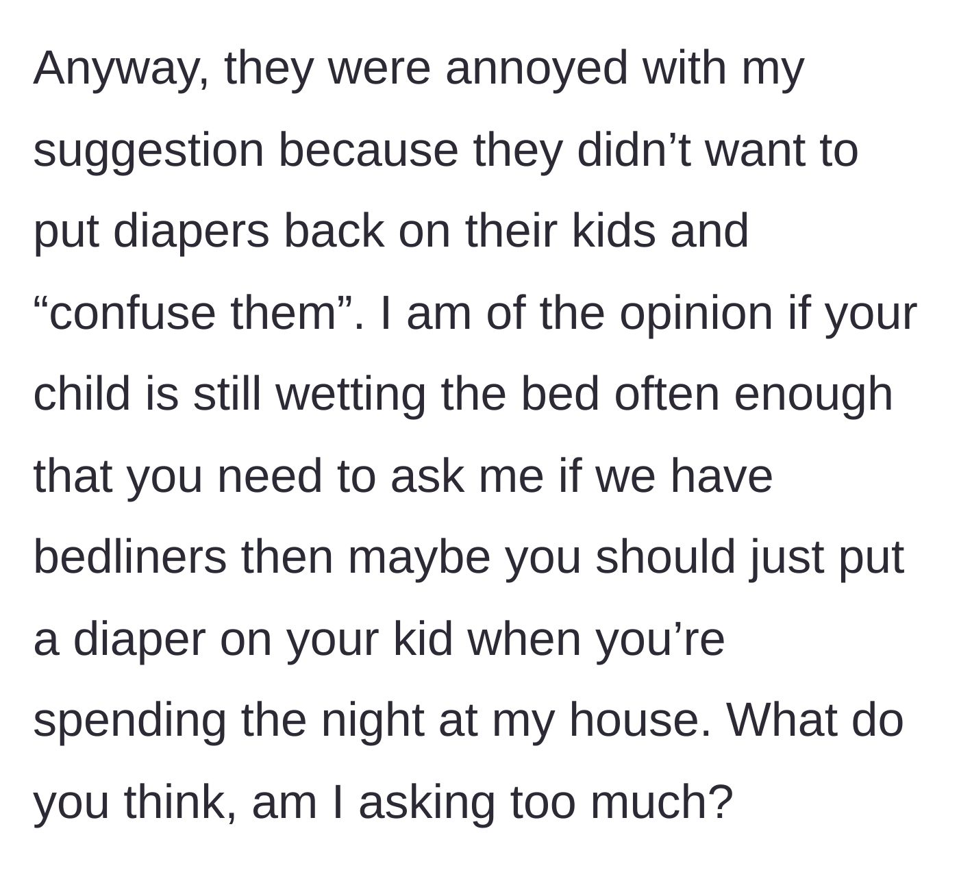 Story part 3 - Disgruntled parents arguing that wearing diapers temporarily will confuse their potty-training toddler.