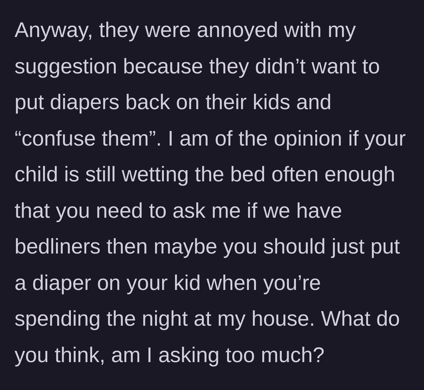 Story part 3 - Disgruntled parents arguing that wearing diapers temporarily will confuse their potty-training toddler.