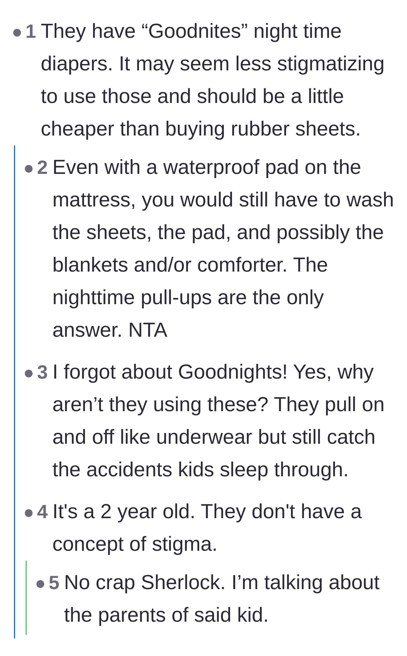 Comment thread 2 - A discussion about using nighttime pull-ups to avoid parental stigma and save the host from washing blankets.