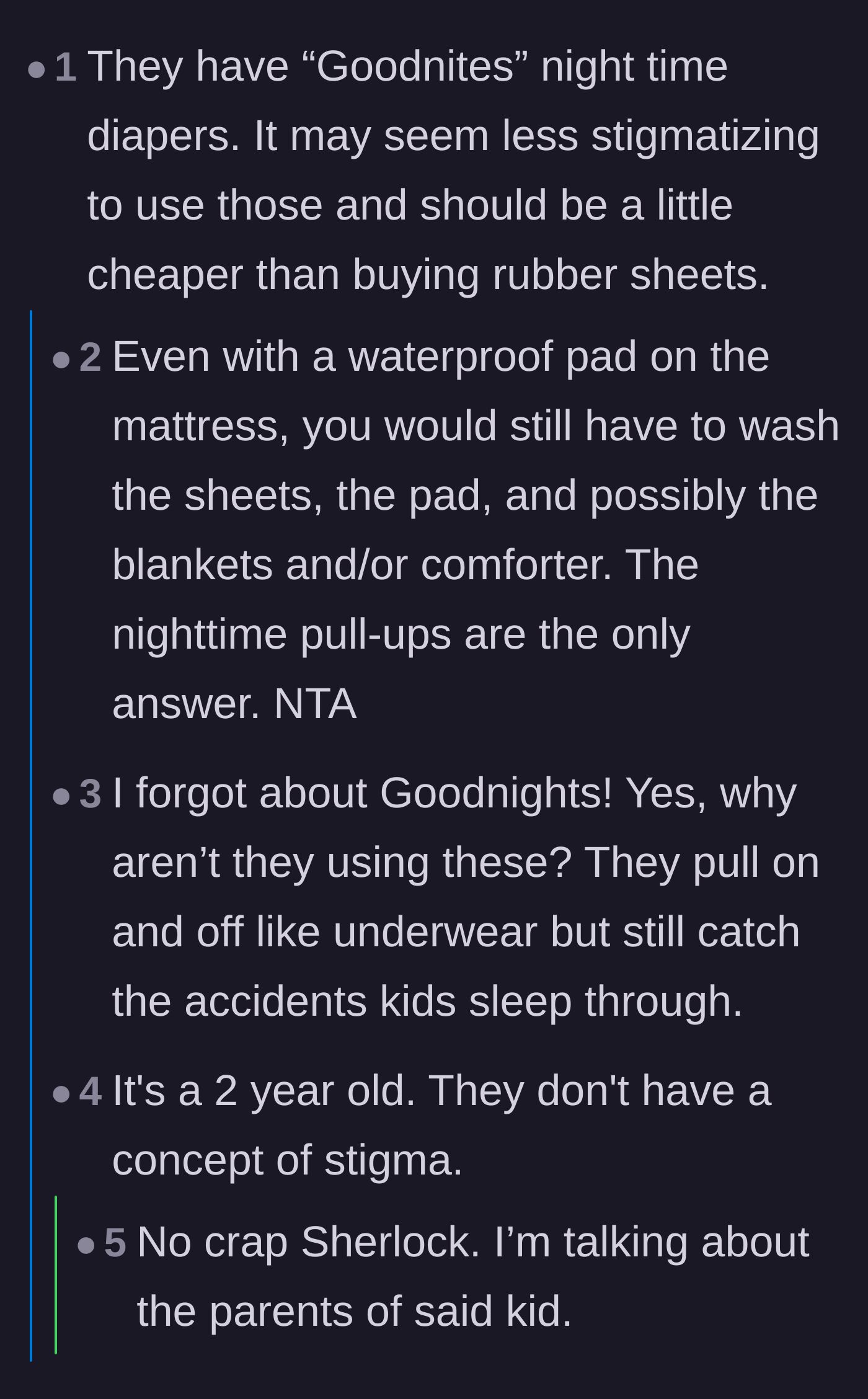 Comment thread 2 - A discussion about using nighttime pull-ups to avoid parental stigma and save the host from washing blankets.