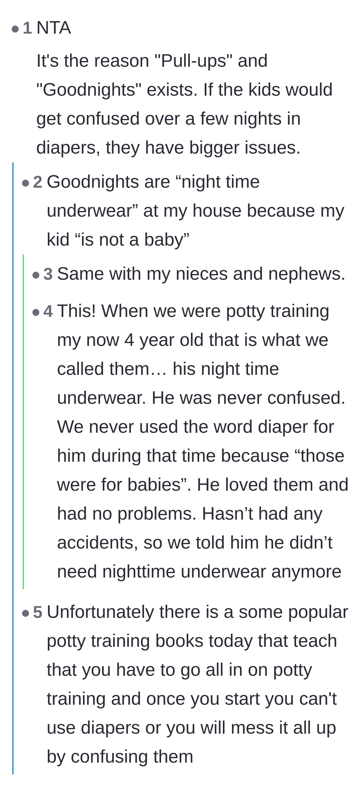 Comment thread 3 - Commenters dismantling the excuse that wearing diapers temporarily will confuse a potty-training toddler.