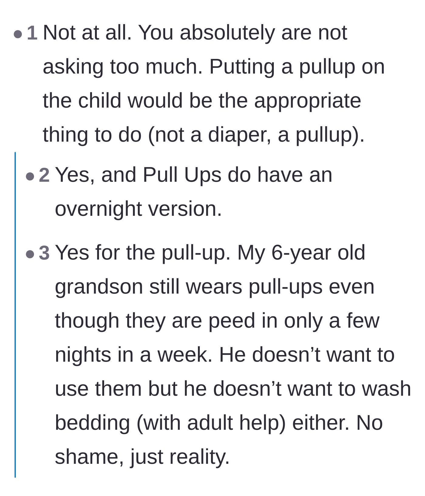 Comment thread 5 - Parents sharing personal anecdotes about using overnight pull-ups as a normal, shame-free reality.