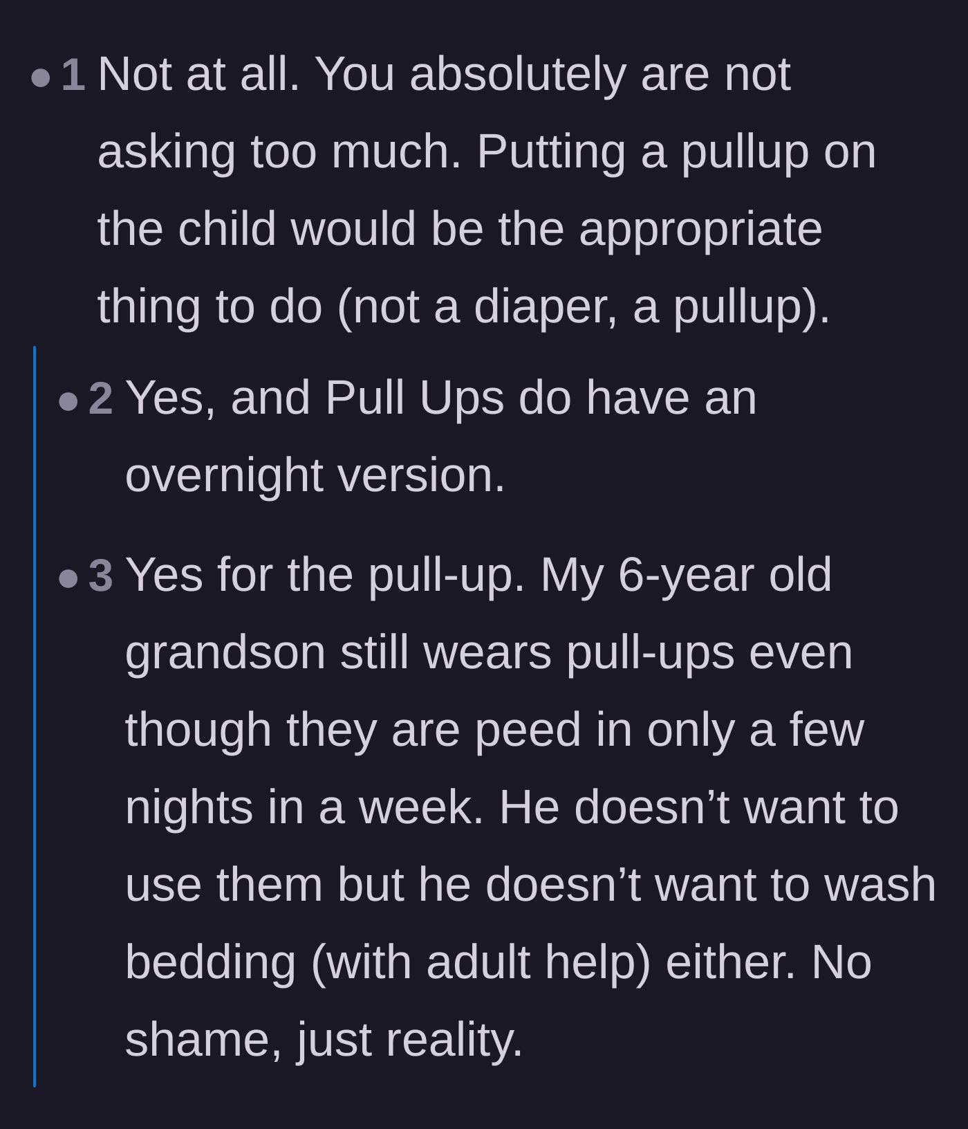 Comment thread 5 - Parents sharing personal anecdotes about using overnight pull-ups as a normal, shame-free reality.