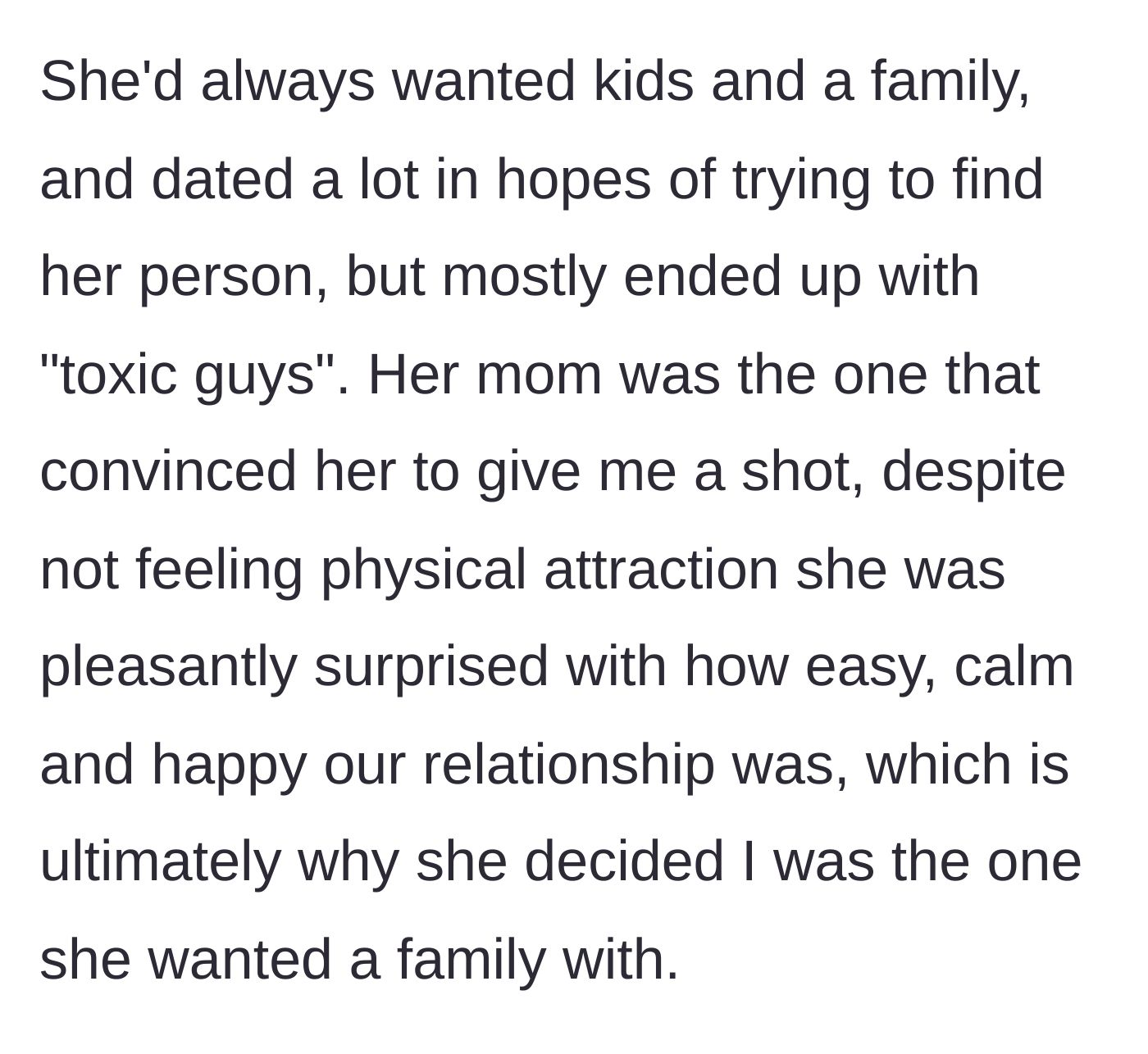 Story part 8 - The backstory reveals the wife previously dated toxic men, and her mother convinced her to give her current husband a chance for a stable life.