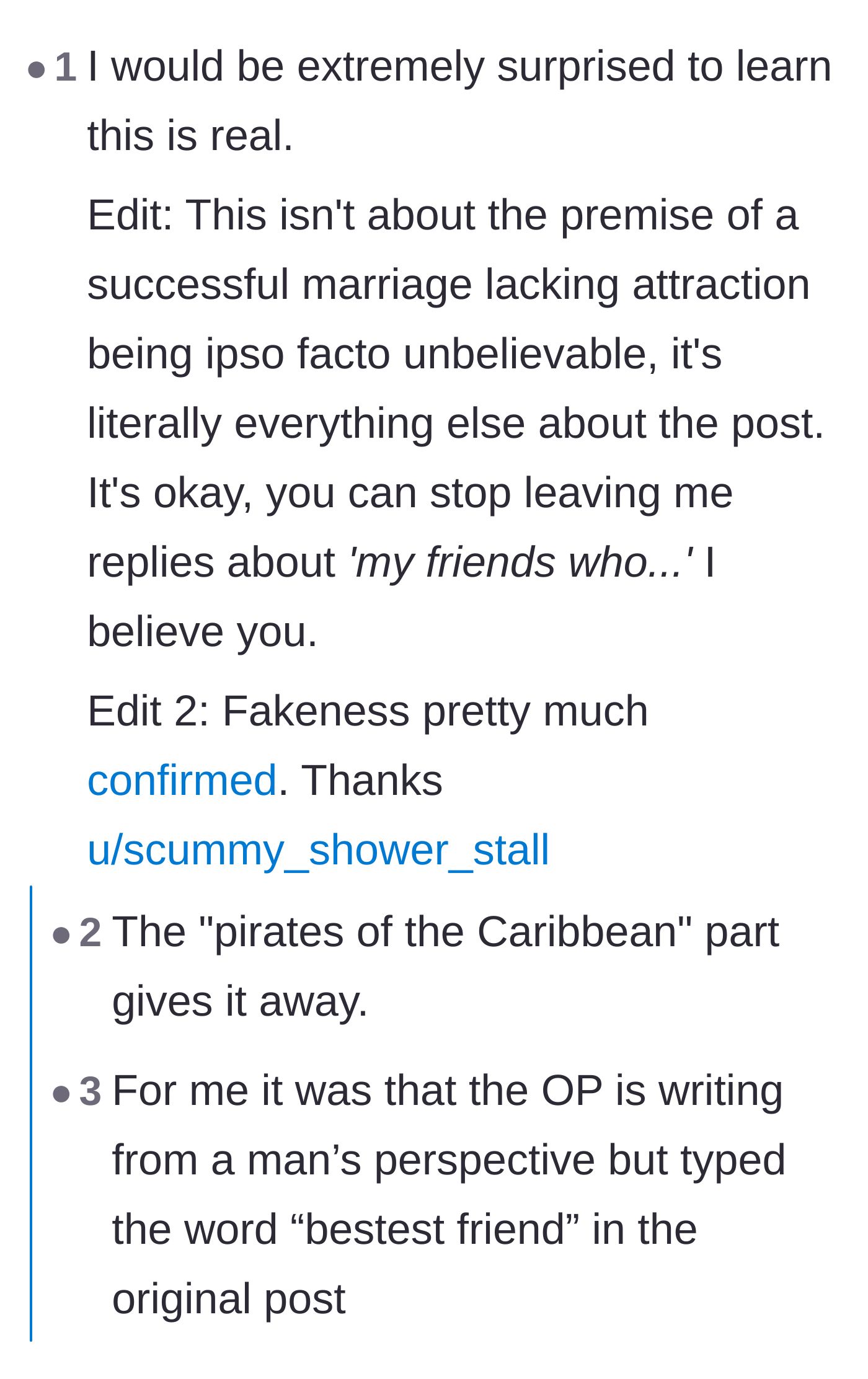 Comment thread 1 - A debate on whether the story is real, focusing on the odds of finding a spouse's Reddit post.