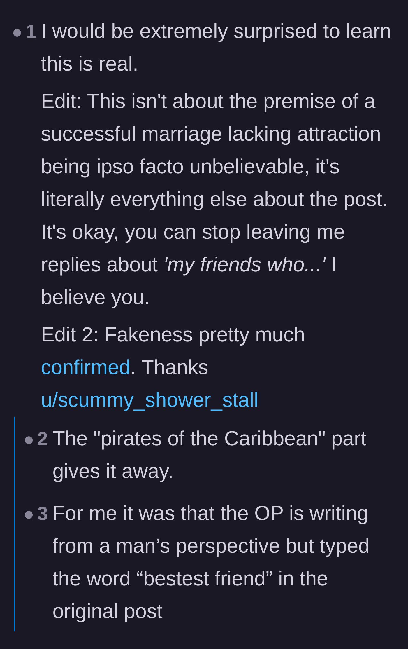 Comment thread 1 - A debate on whether the story is real, focusing on the odds of finding a spouse's Reddit post.