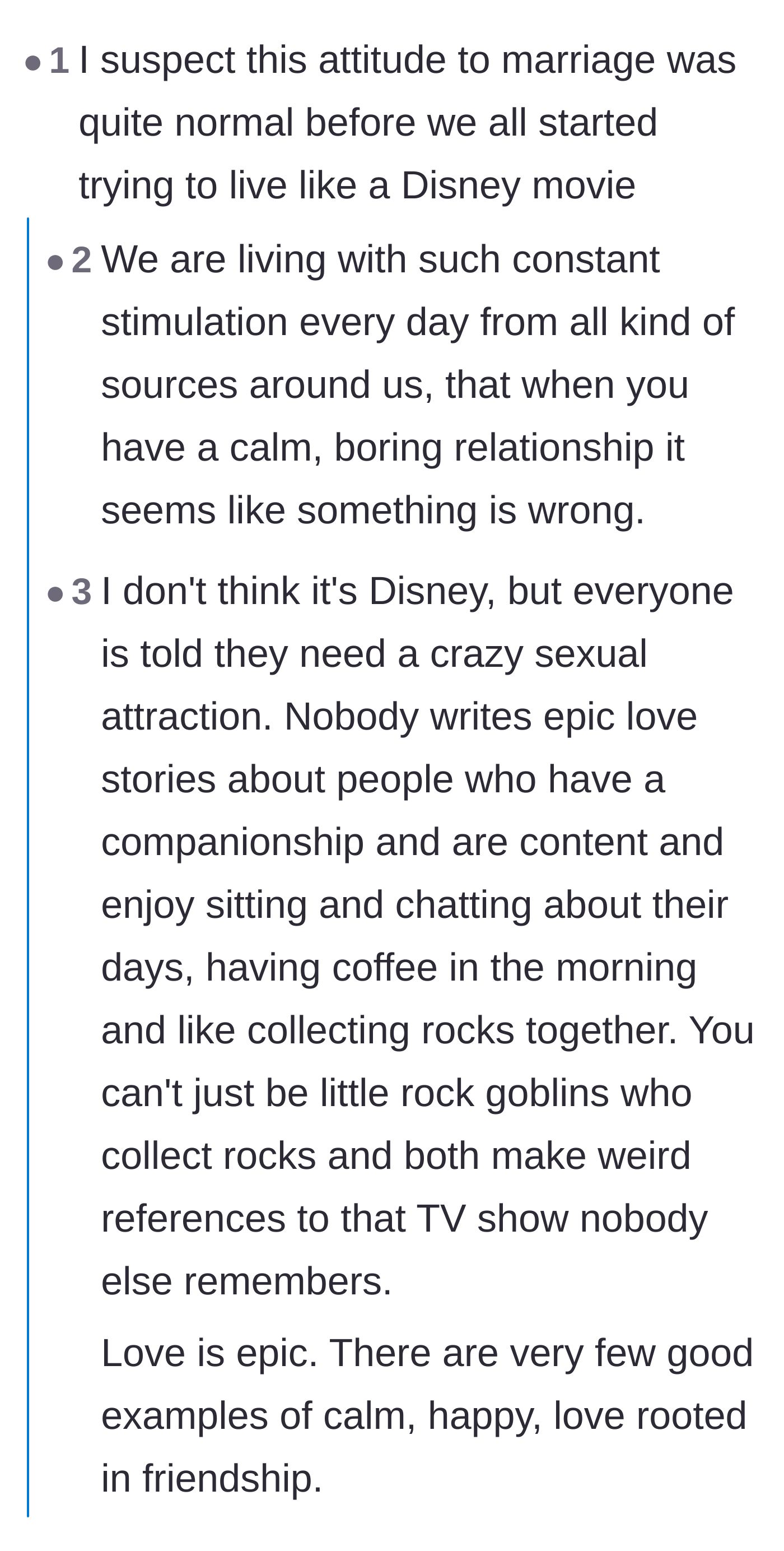 Comment thread 3 - A discussion about how modern relationships are ruined by Disney expectations versus traditional companionate marriages.