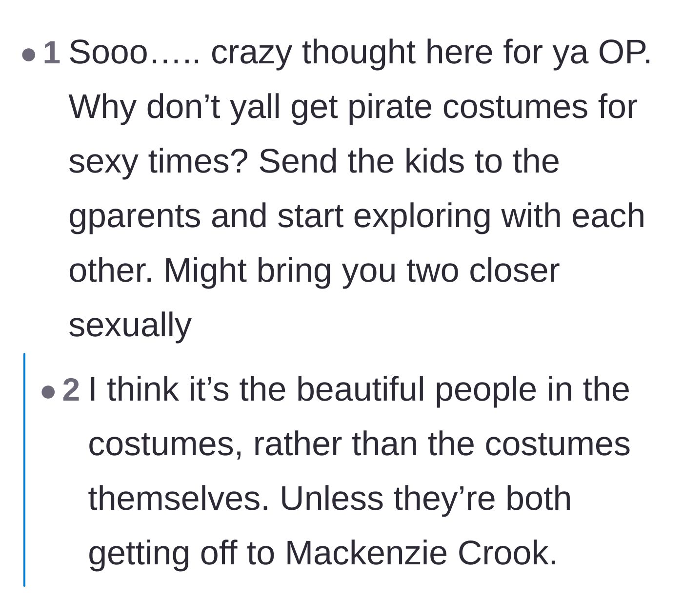 Comment thread 4 - A comedic suggestion for the couple to buy Pirates of the Caribbean costumes to spice up their intimacy.