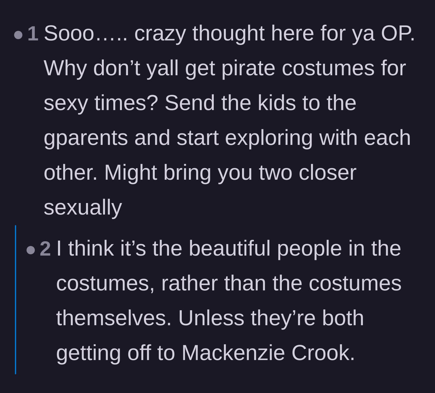 Comment thread 4 - A comedic suggestion for the couple to buy Pirates of the Caribbean costumes to spice up their intimacy.