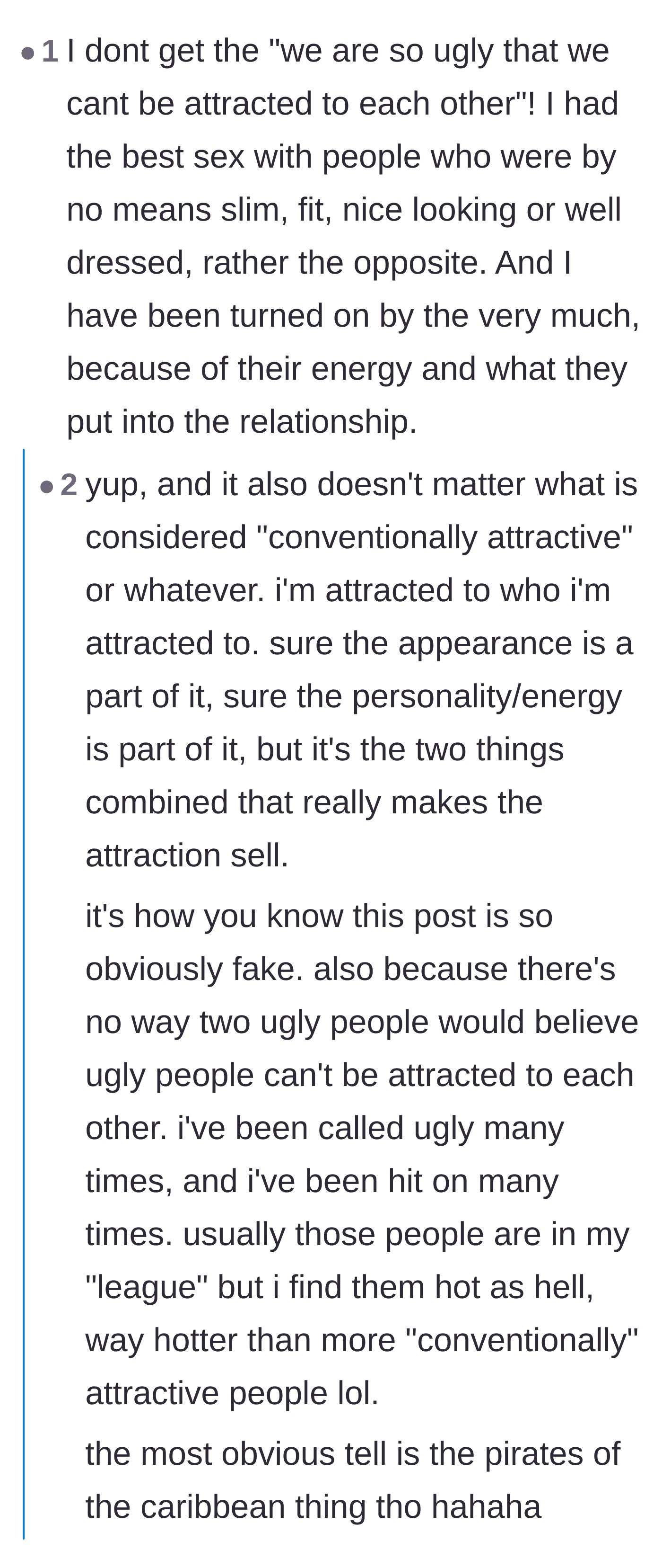 Comment thread 5 - A user arguing against the couple's logic, stating that unconventional attractiveness doesn't prevent physical chemistry.