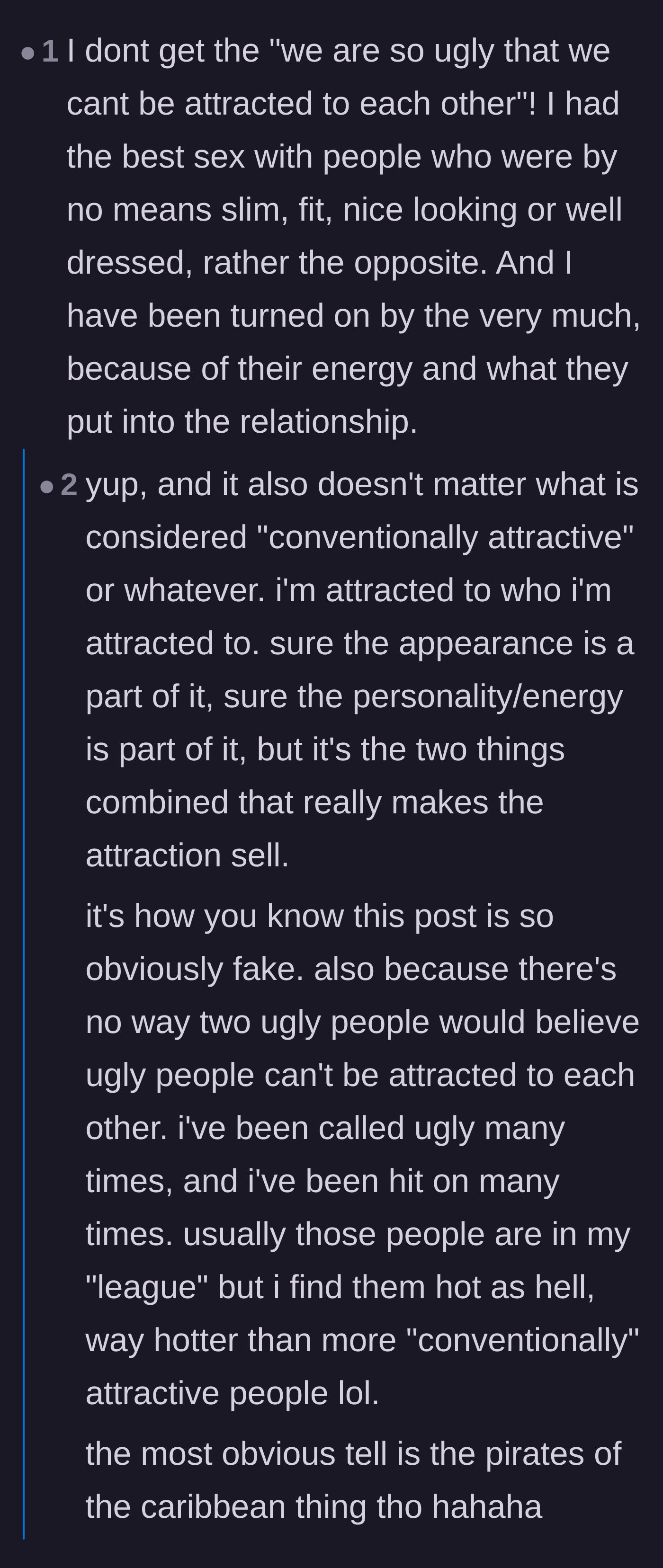 Comment thread 5 - A user arguing against the couple's logic, stating that unconventional attractiveness doesn't prevent physical chemistry.