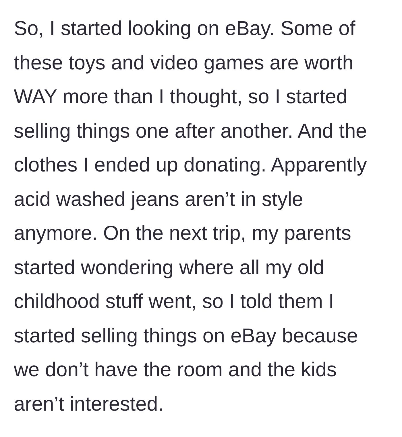Story part 3 - Father checking eBay prices and boxing up old toys to sell and clothes to donate.