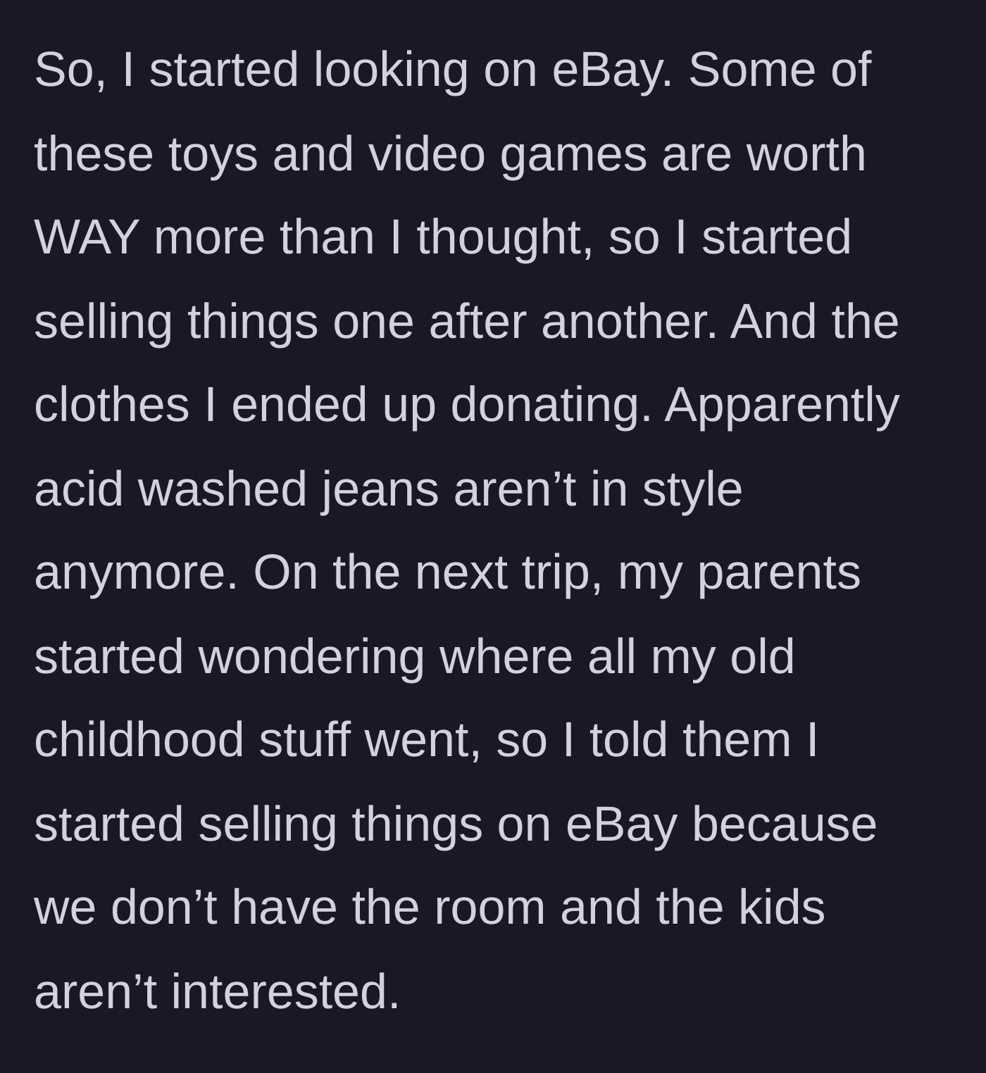 Story part 3 - Father checking eBay prices and boxing up old toys to sell and clothes to donate.