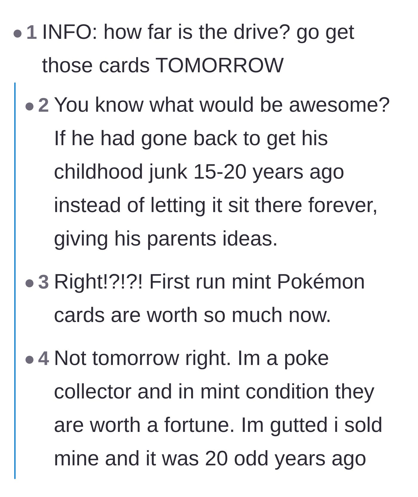 Comment thread 1 - Advice on immediately retrieving the valuable trading cards and debates over their current market worth.