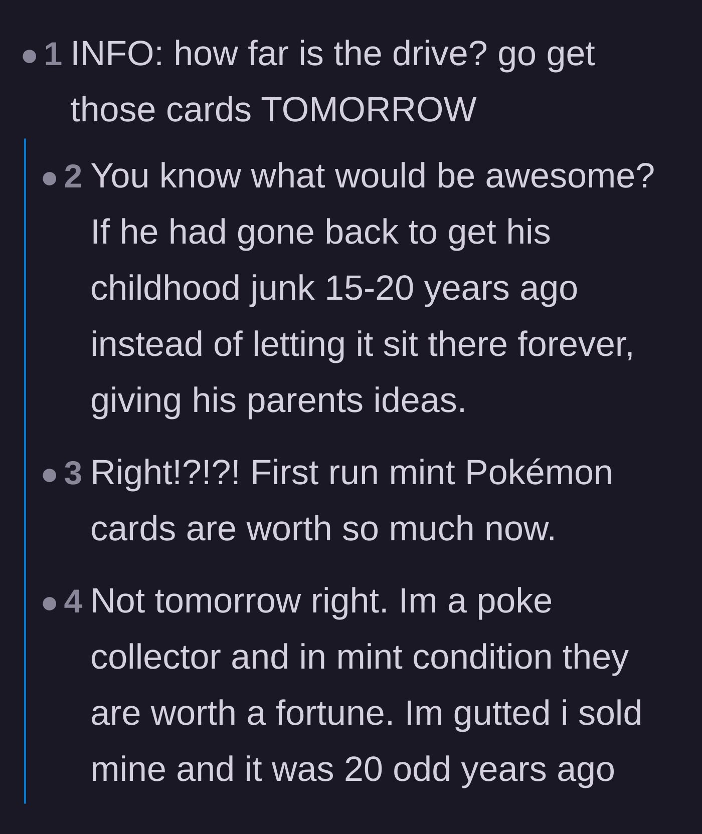 Comment thread 1 - Advice on immediately retrieving the valuable trading cards and debates over their current market worth.