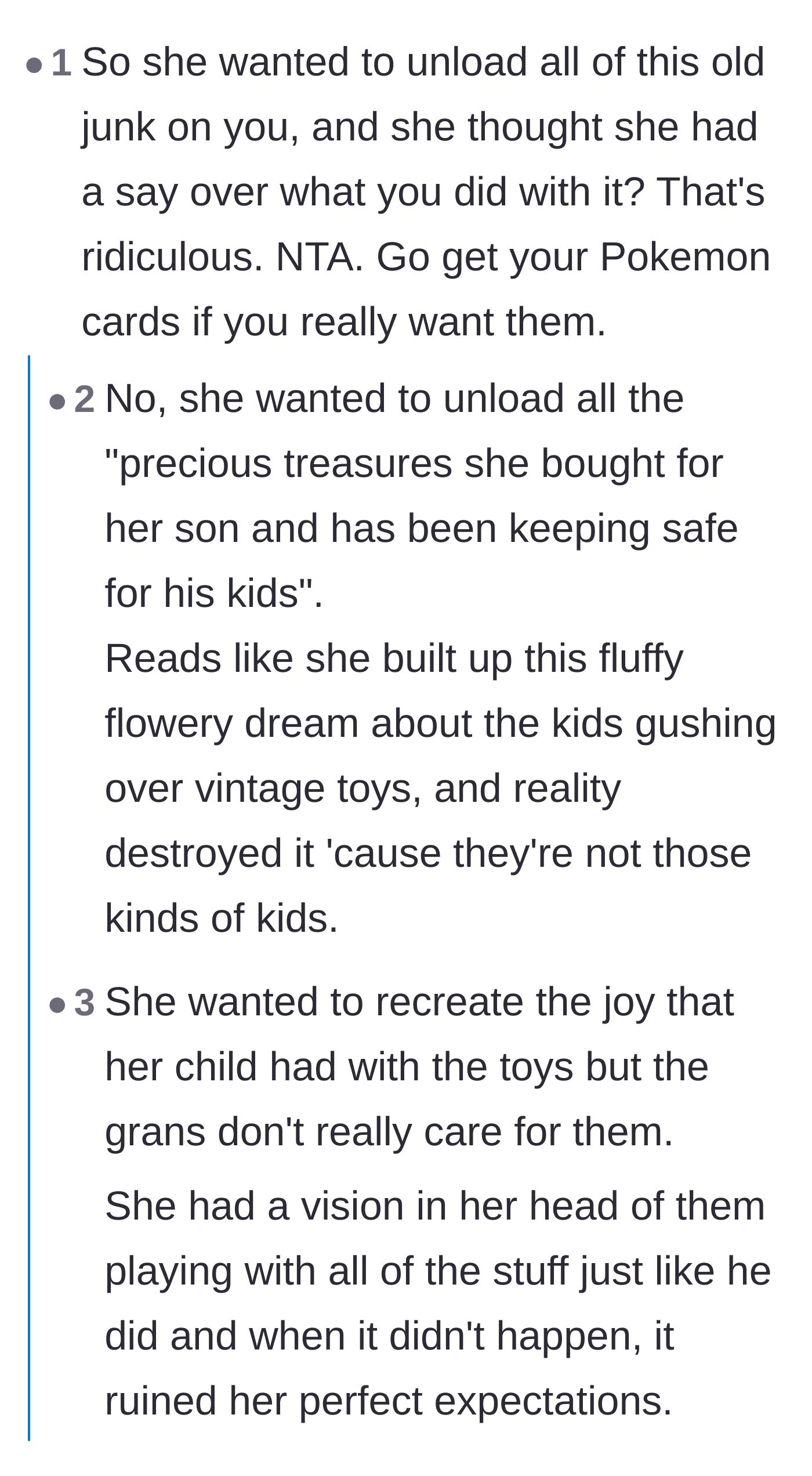 Comment thread 3 - Analysis of the mother's unrealistic expectations and the common struggle of forcing vintage toys on modern kids.