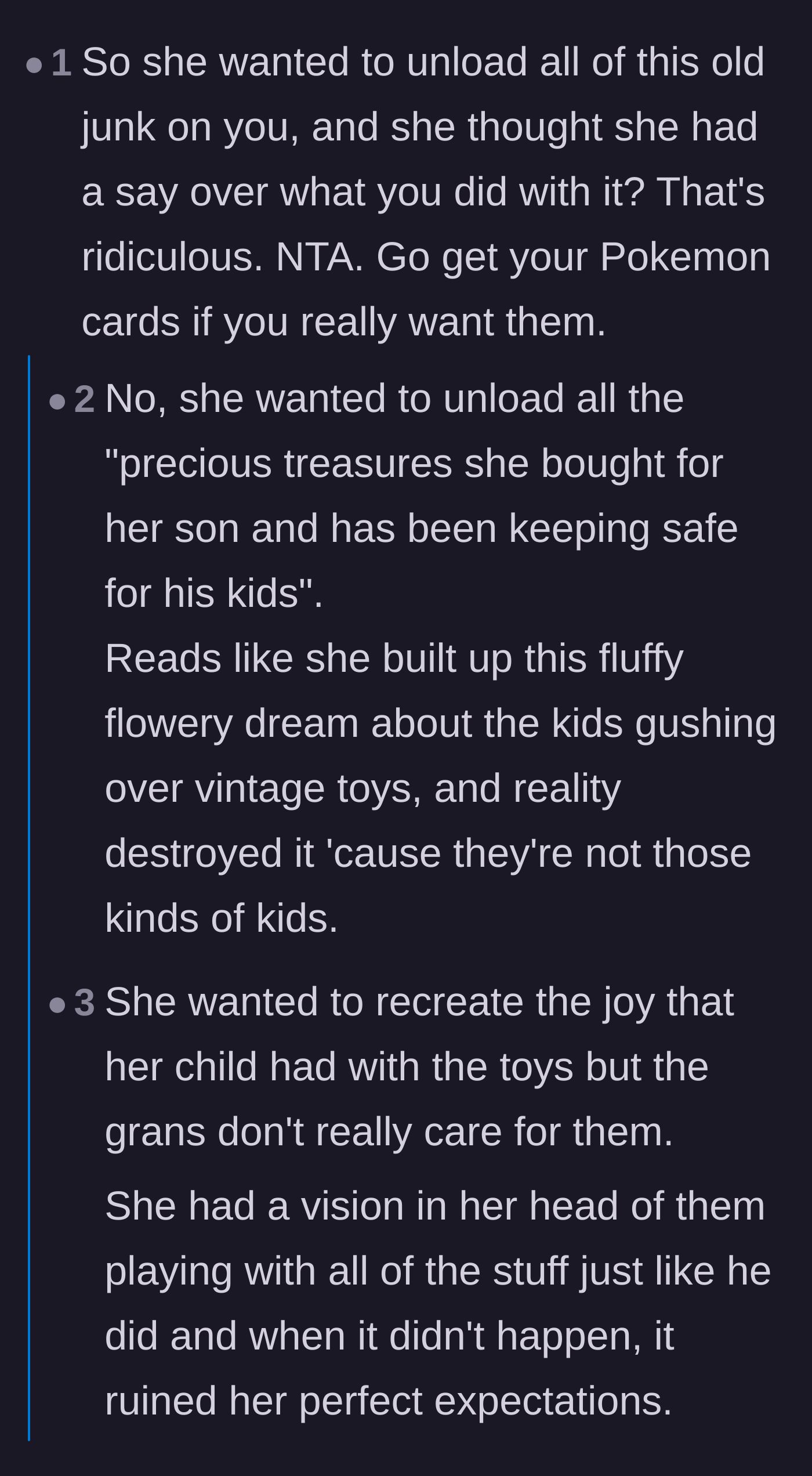 Comment thread 3 - Analysis of the mother's unrealistic expectations and the common struggle of forcing vintage toys on modern kids.