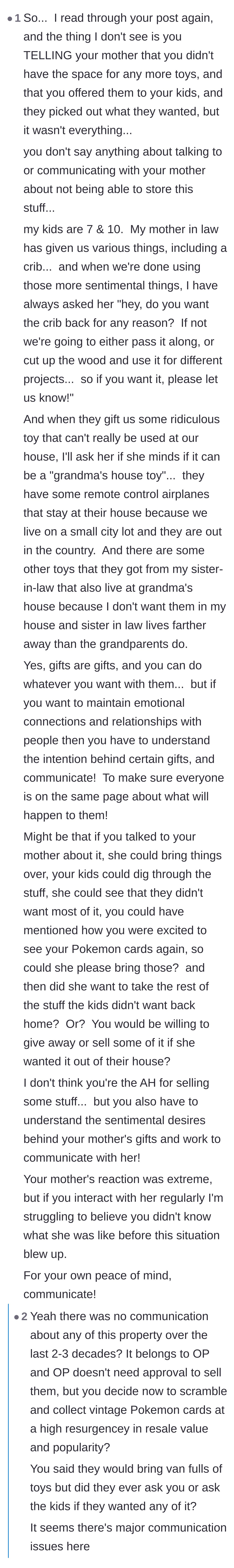 Comment thread 4 - Criticism of the author's lack of proactive communication before quietly liquidating the sentimental gifts.