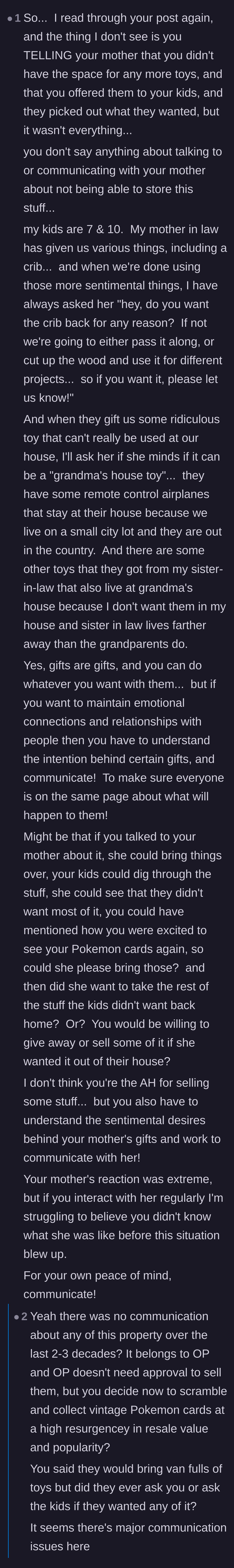 Comment thread 4 - Criticism of the author's lack of proactive communication before quietly liquidating the sentimental gifts.