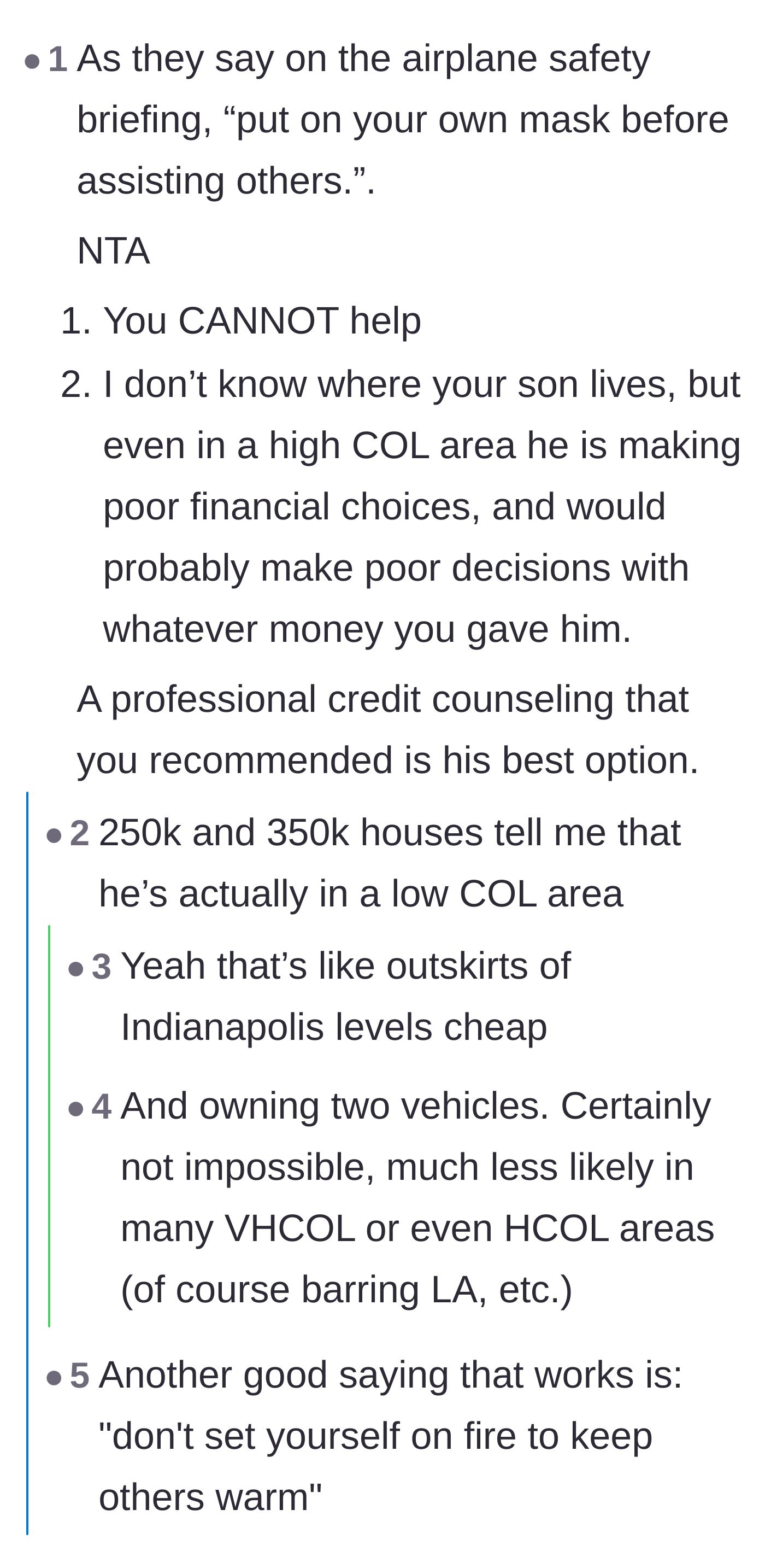 Comment thread 2 - A debate breaking down the son's local cost of living based on his mortgage and car leases