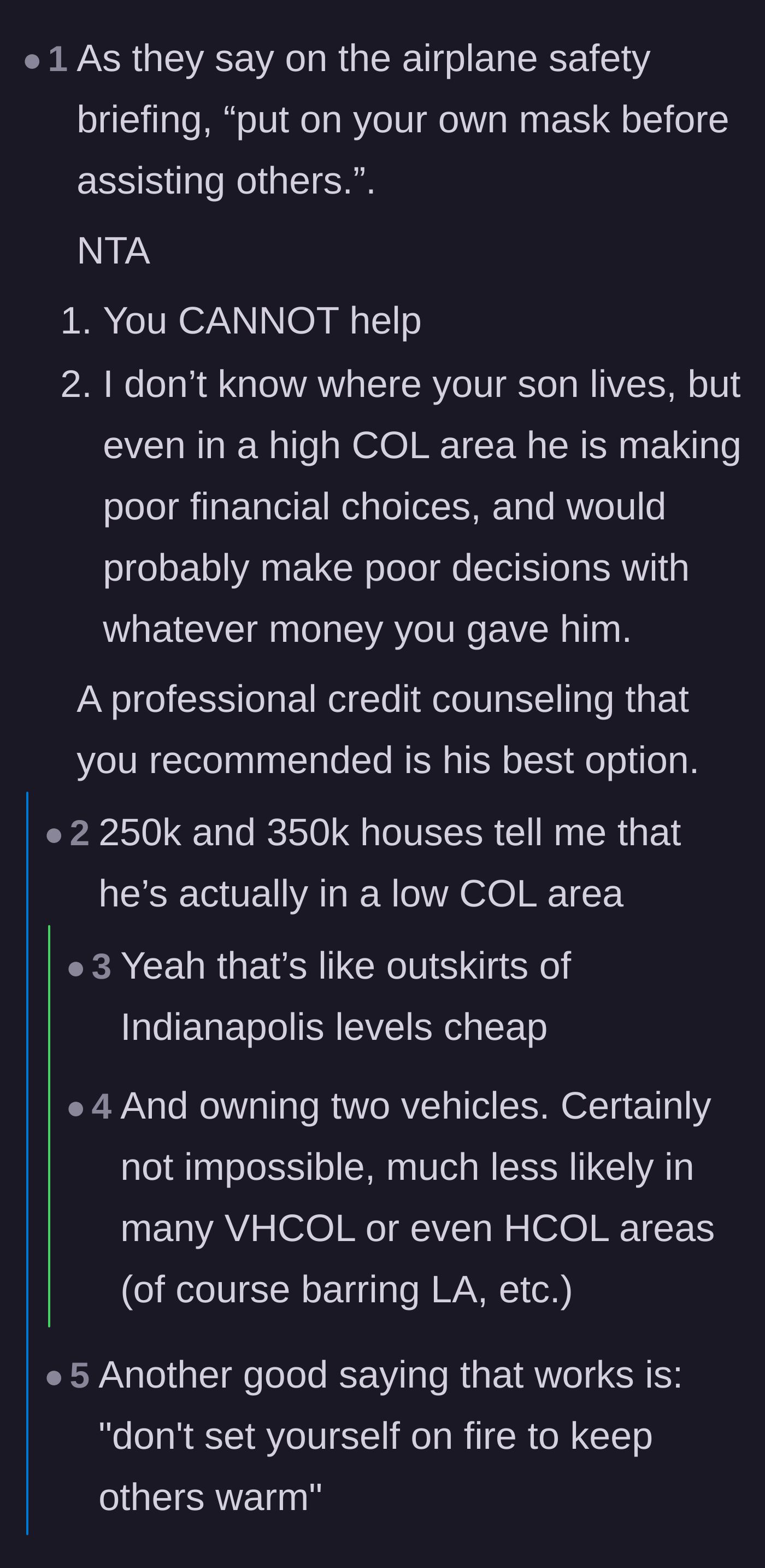 Comment thread 2 - A debate breaking down the son's local cost of living based on his mortgage and car leases