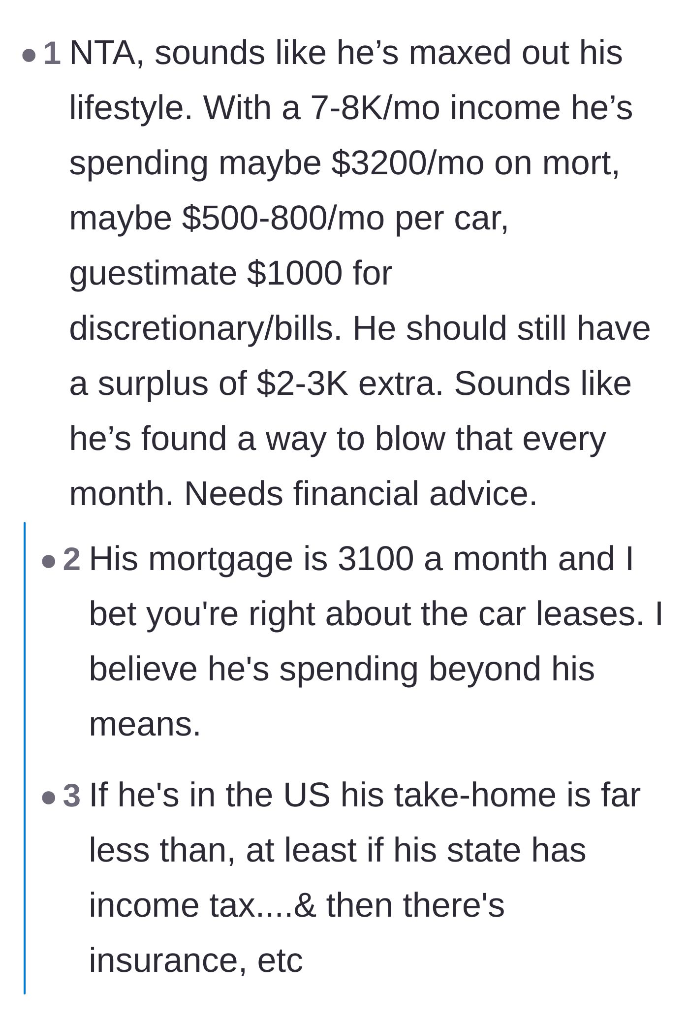 Comment thread 3 - A detailed mathematical breakdown of the son's estimated take-home pay versus his fixed expenses
