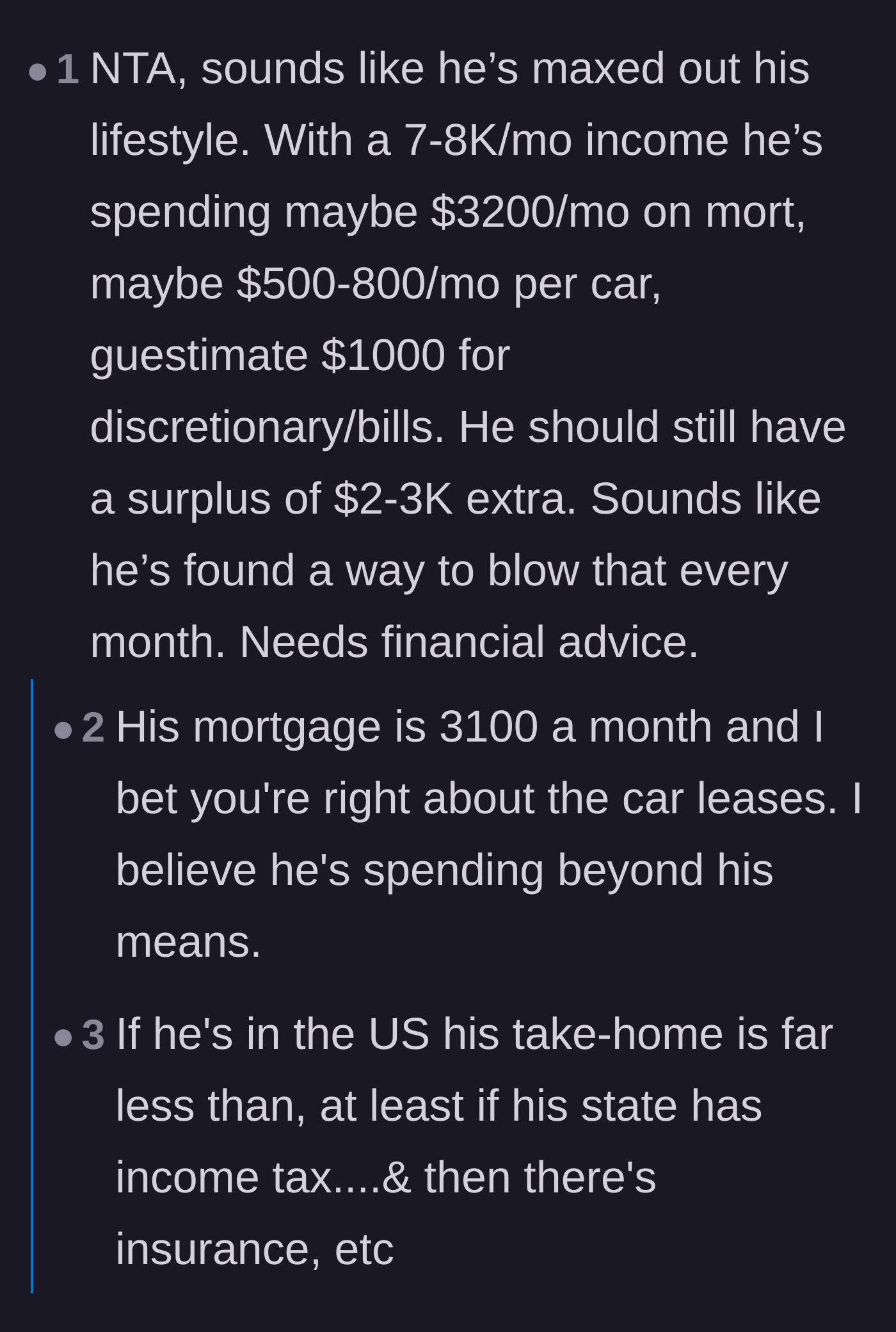 Comment thread 3 - A detailed mathematical breakdown of the son's estimated take-home pay versus his fixed expenses