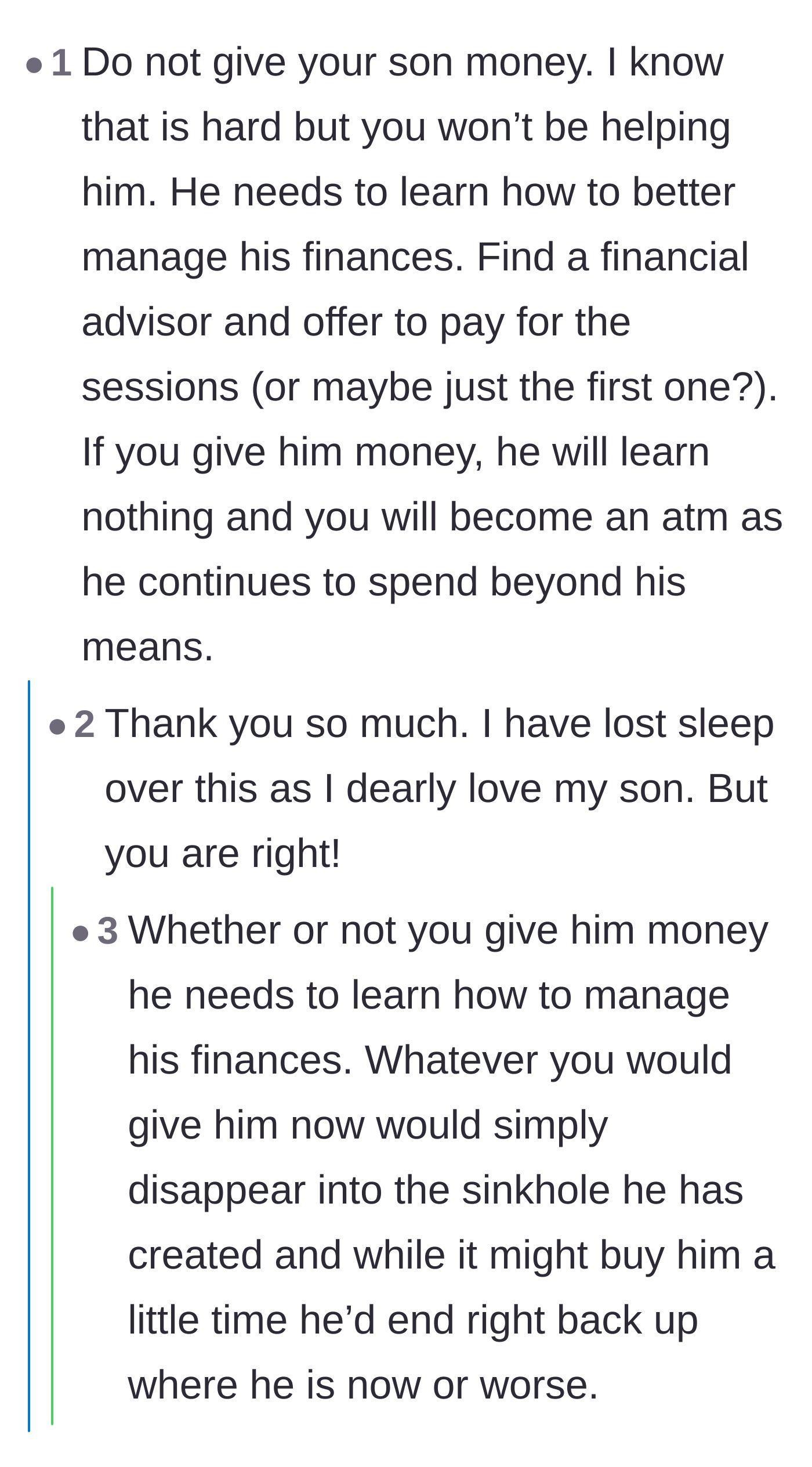Comment thread 5 - Advice suggesting the parent pay for a financial advisor instead of handing over cash, which the original poster agreed with