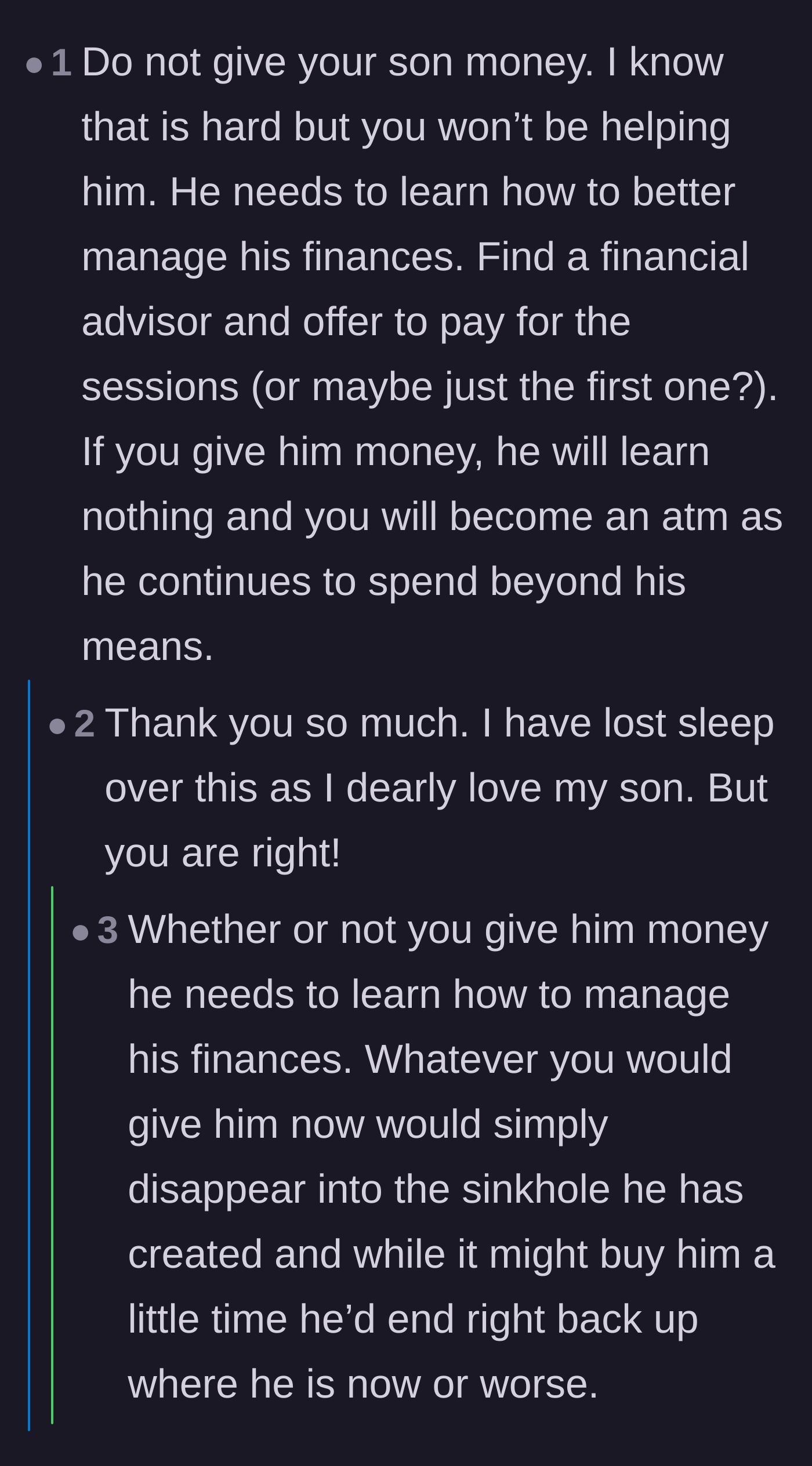 Comment thread 5 - Advice suggesting the parent pay for a financial advisor instead of handing over cash, which the original poster agreed with
