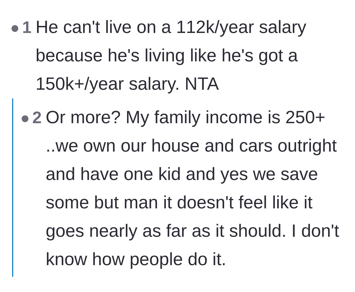 Comment thread 6 - A realization that the son's core issue is pretending to be in a higher income bracket