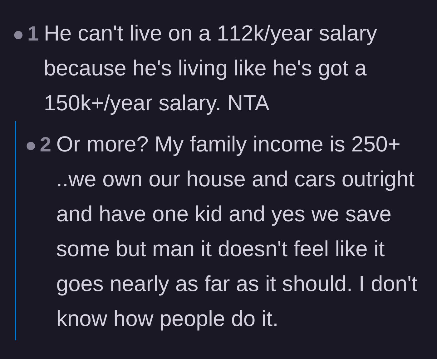 Comment thread 6 - A realization that the son's core issue is pretending to be in a higher income bracket