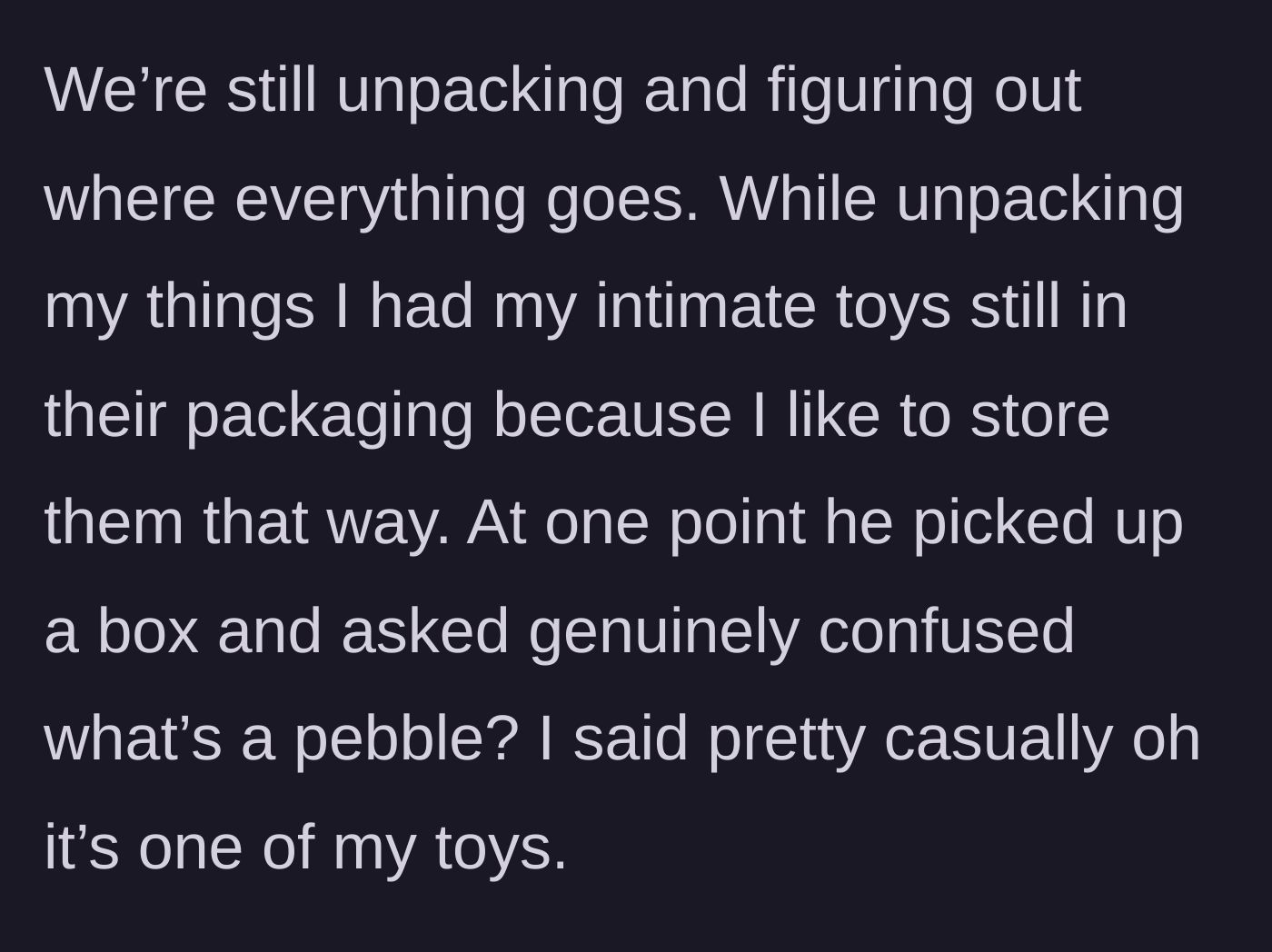 Story part 2 - Boyfriend finds a vibrator box while unpacking and asks what a 'pebble' is.