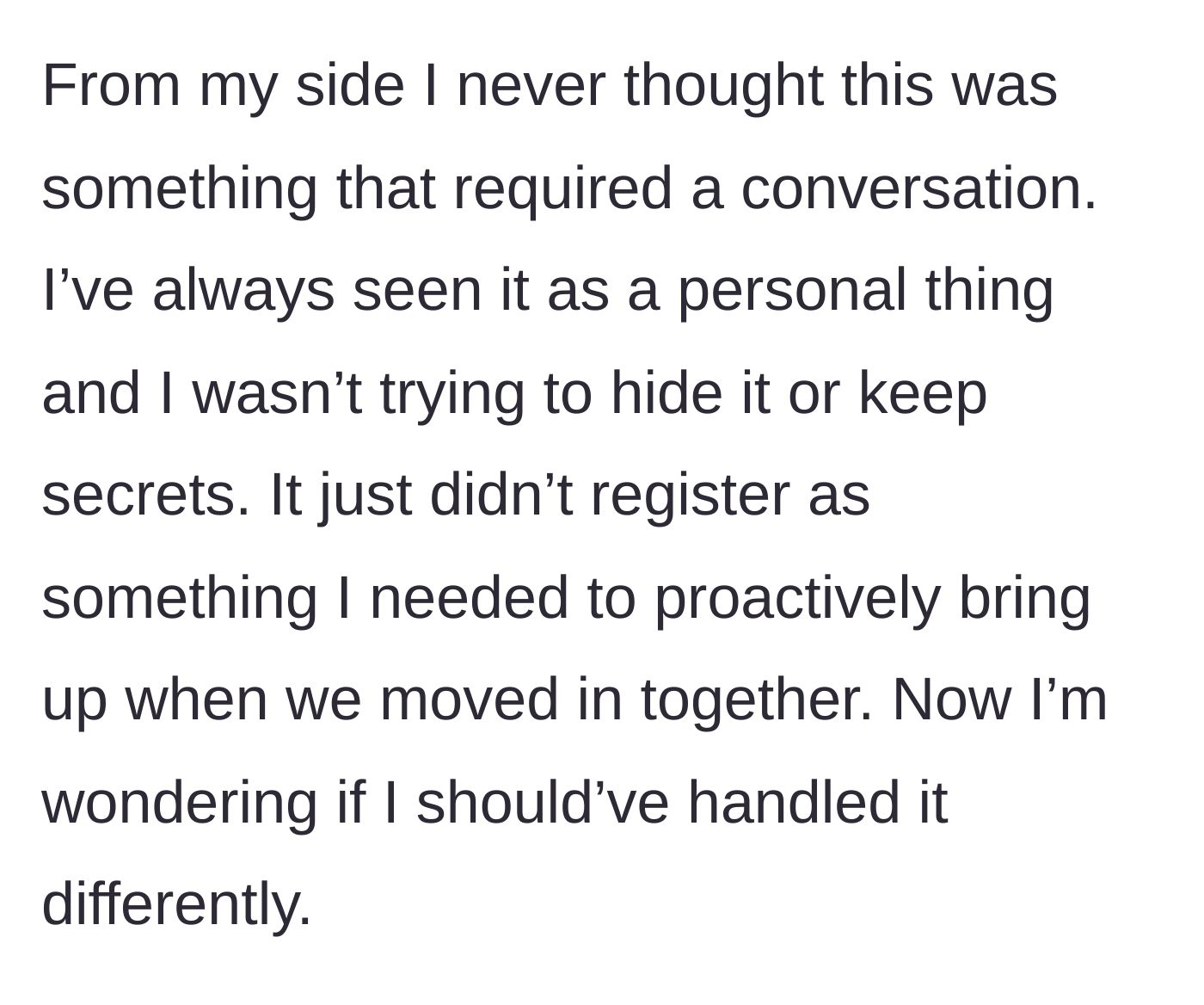 Story part 6 - Main character reflects on whether she should have proactively disclosed owning a toy before moving in.